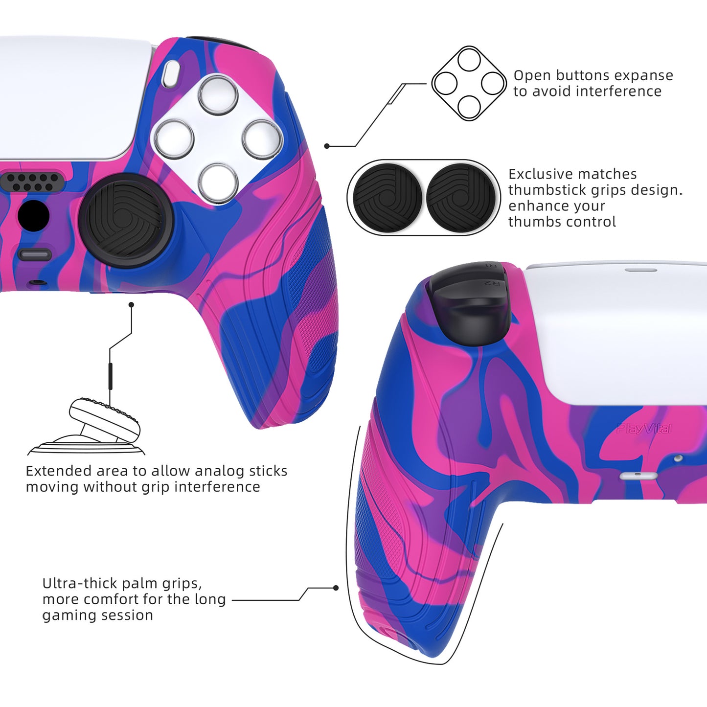 PlayVital Samurai Edition Anti-Slip Silicone Cover Skin with Thumb Grip Caps for PS5 Wireless Controller - Pink & Purple & Blue - BWPF015 PlayVital