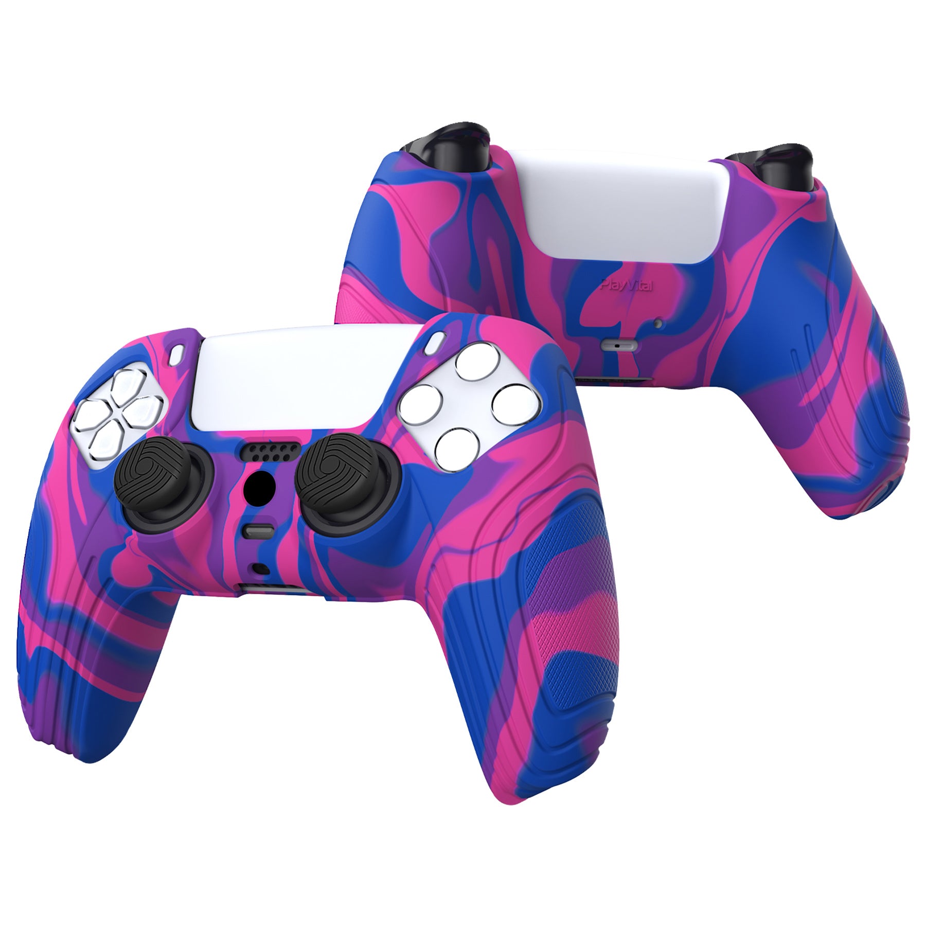 PlayVital Samurai Edition Anti-Slip Silicone Cover Skin with Thumb Grip Caps for PS5 Wireless Controller - Pink & Purple & Blue - BWPF015 PlayVital