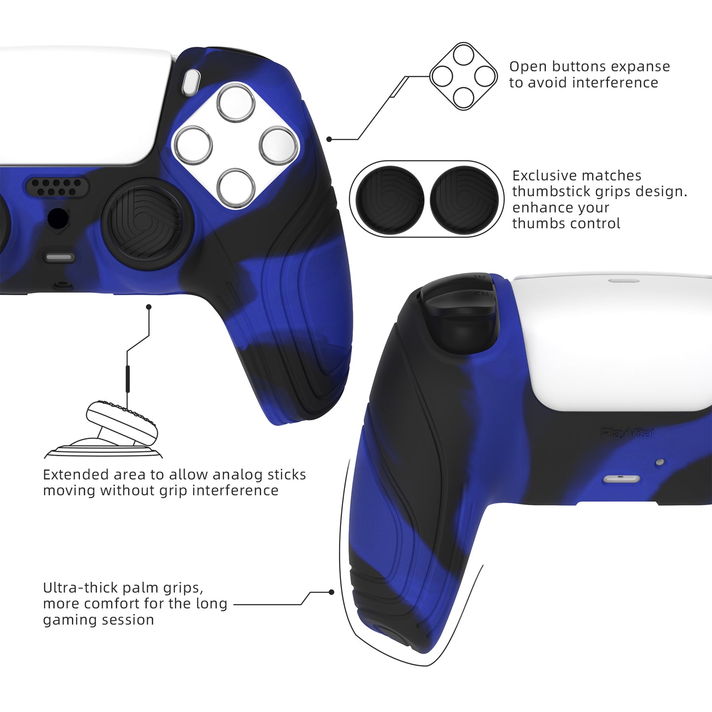 PlayVital Samurai Edition Anti-Slip Silicone Cover Skin with Thumb Grip Caps for PS5 Wireless Controller - Blue & Black PlayVital