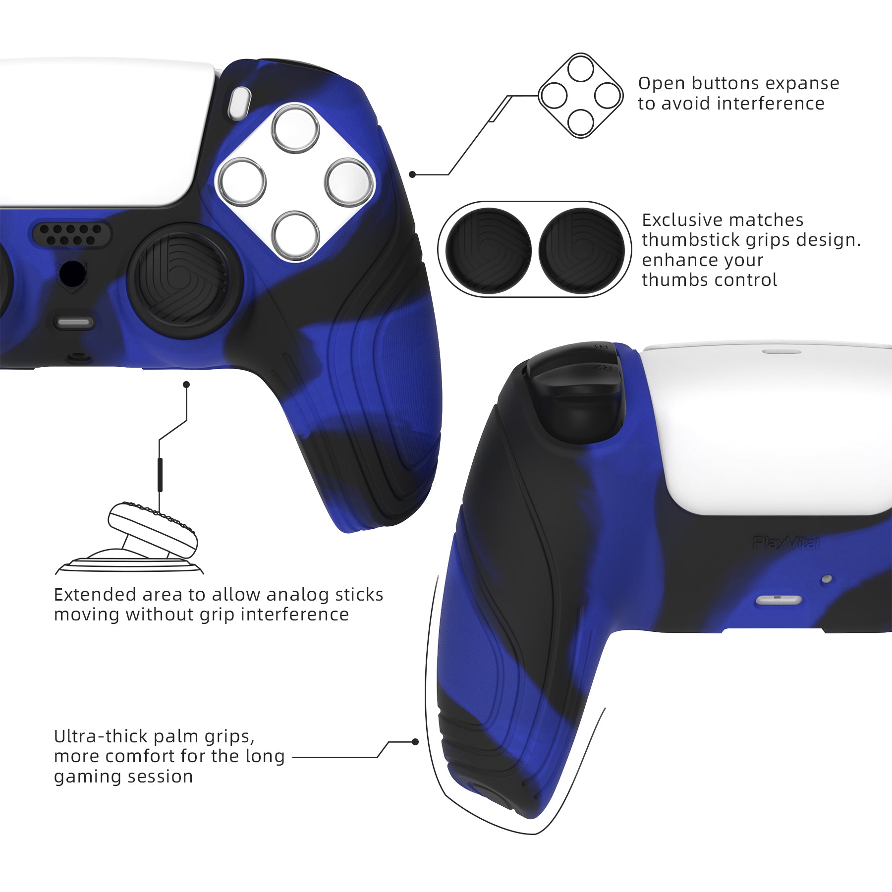 PlayVital Samurai Edition Anti-Slip Silicone Cover Skin with Thumb Grip Caps for PS5 Wireless Controller - Blue & Black PlayVital