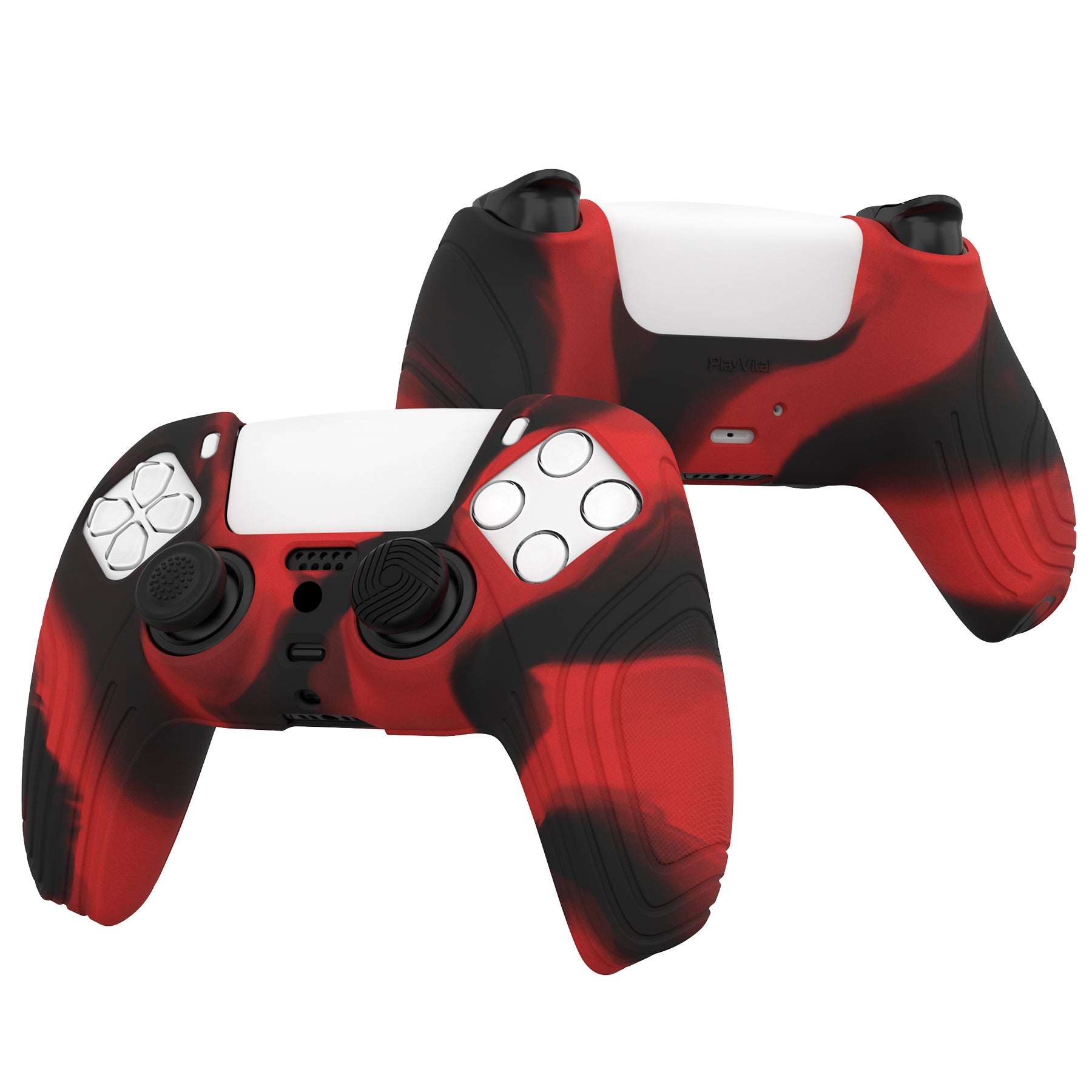 PlayVital Samurai Edition Anti-Slip Silicone Cover Skin with Thumb Grip Caps for PS5 Wireless Controller - Red & Black PlayVital