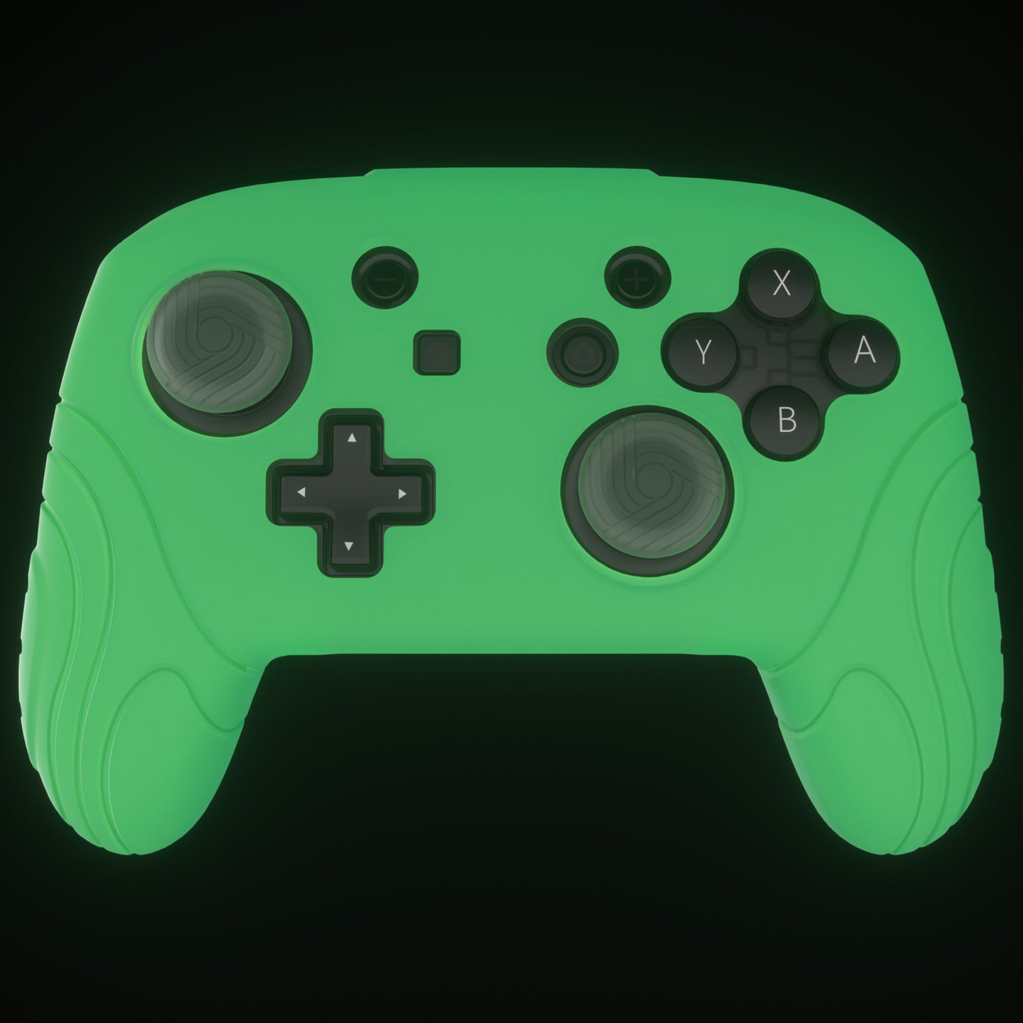 PlayVital Samurai Edition Ergonomic Anti-slip Silicone Skin Protective Case with Thumb Grip Caps for Nintendo Switch Pro Controller - Glow in Dark - Green - EBNPP007 PlayVital