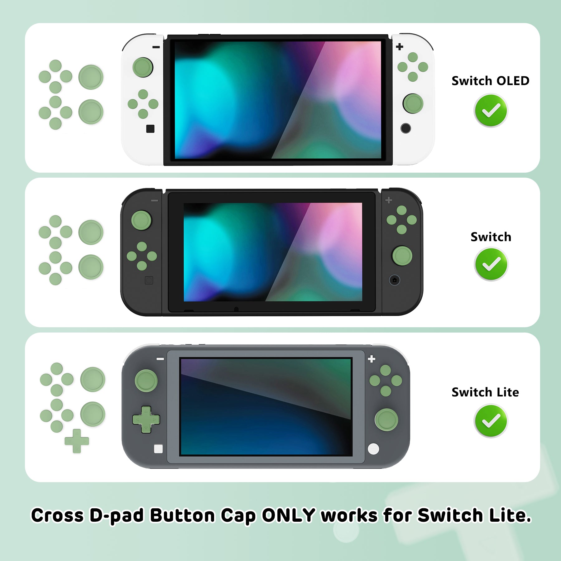 PlayVital Silicone Button Covers and Thumb Grip Set for Nintendo Switch & Switch OLED & Switch Lite ABXY Directional Key Button Caps with Switch Lite D-Pad Button Cap - Matcha Green PlayVital