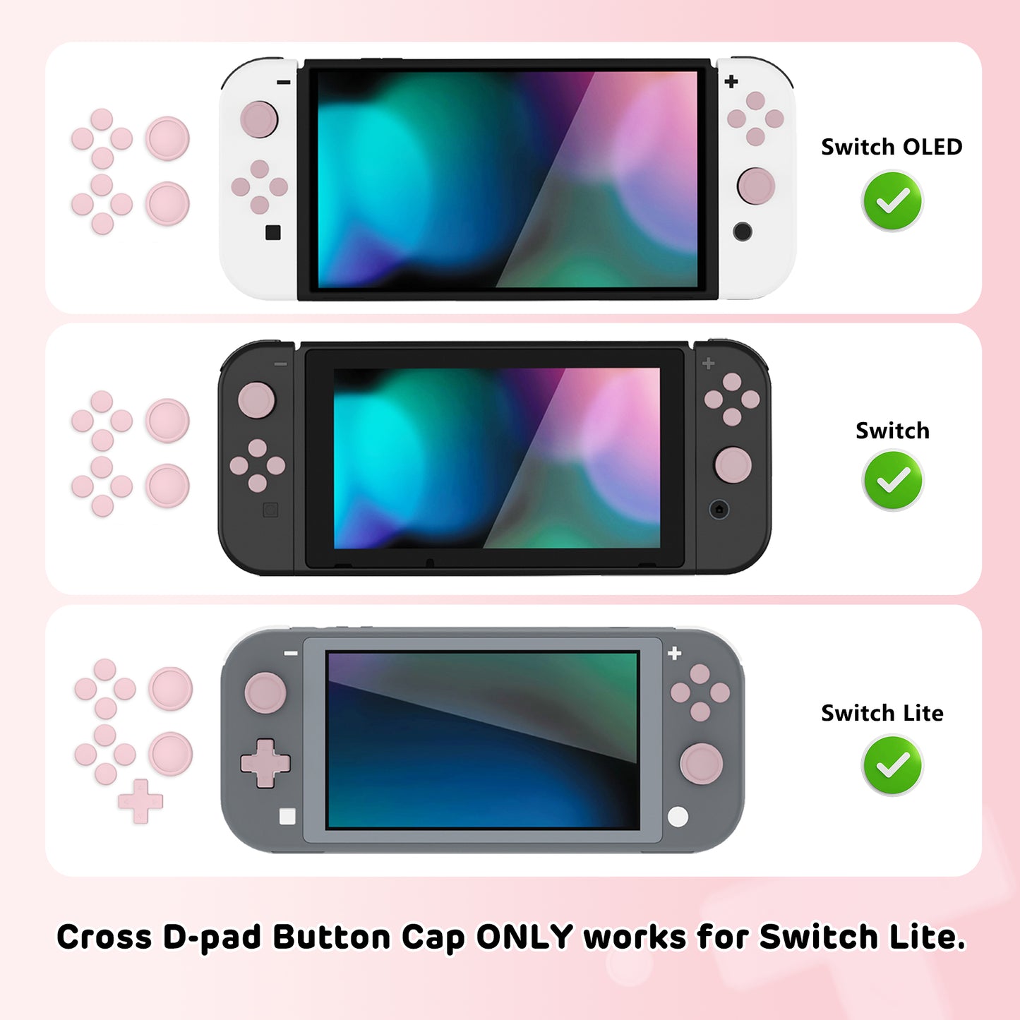 PlayVital Silicone Button Covers and Thumb Grip Set for Nintendo Switch & Switch OLED & Switch Lite ABXY Directional Key Button Caps with Switch Lite D-Pad Button Cap - Pink PlayVital