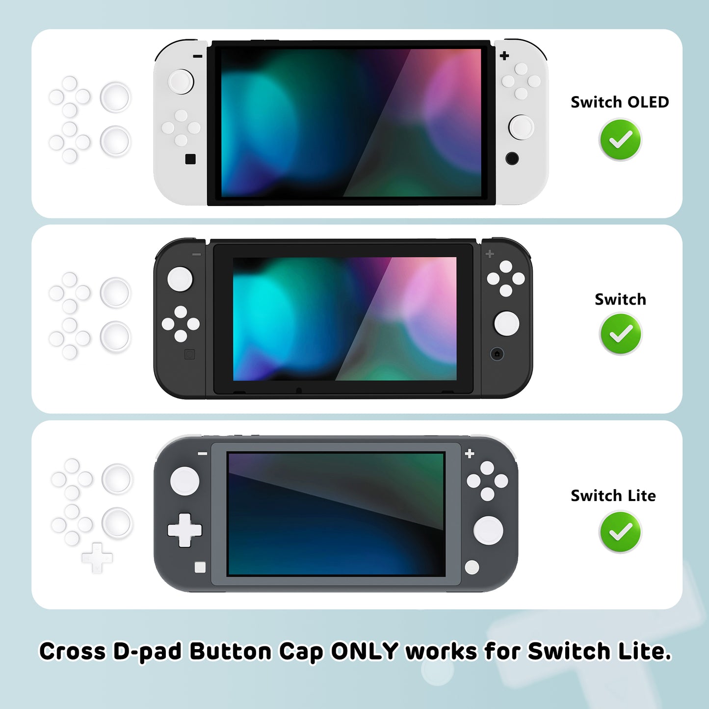 PlayVital Silicone Button Covers and Thumb Grip Set for Nintendo Switch & Switch OLED & Switch Lite ABXY Directional Key Button Caps with Switch Lite D-Pad Button Cap - White PlayVital