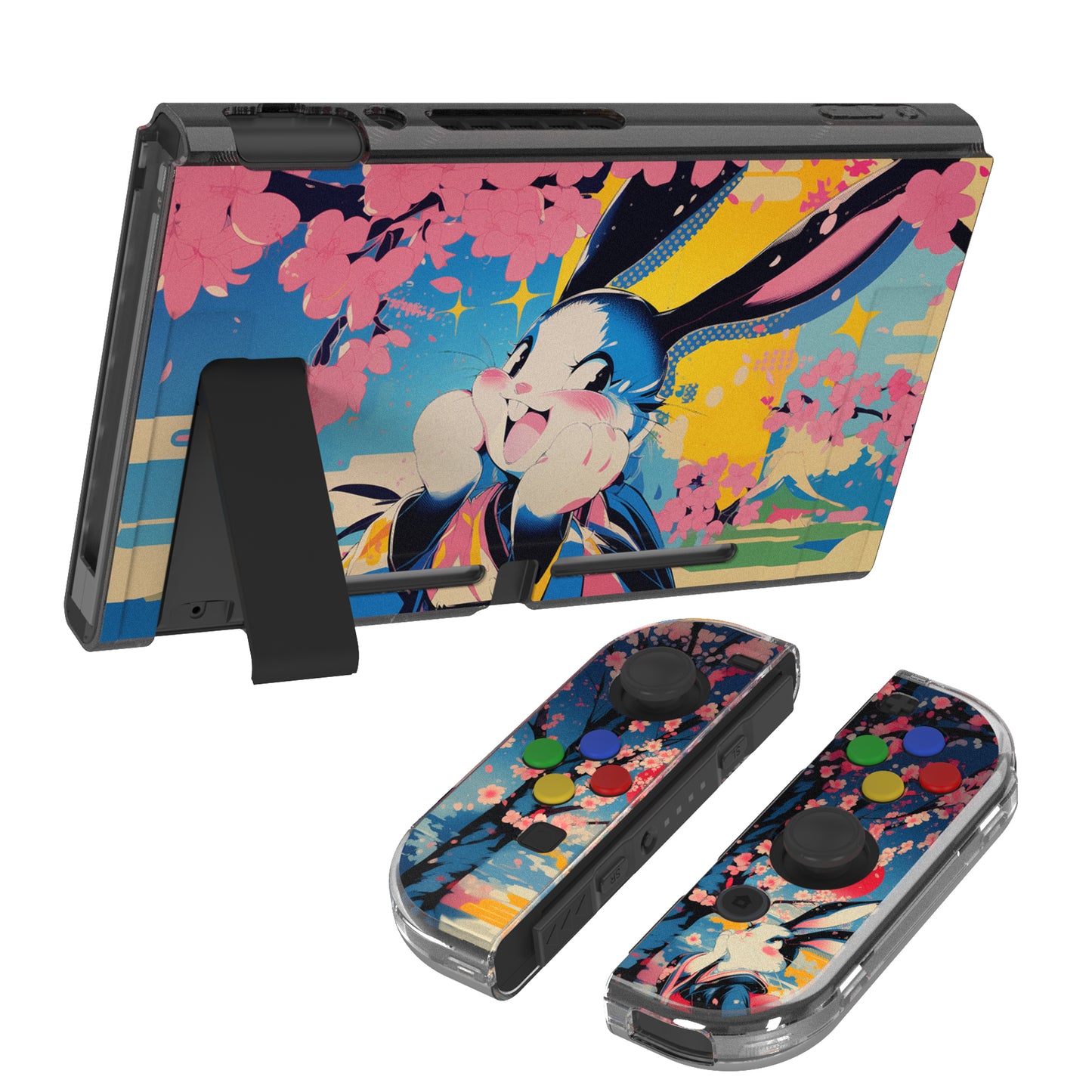 PlayVital Soft TPU Slim Protective Case with Colorful ABXY Direction Button Caps for NS Switch - Blossom POP Bunny - NTU6044G2 PlayVital