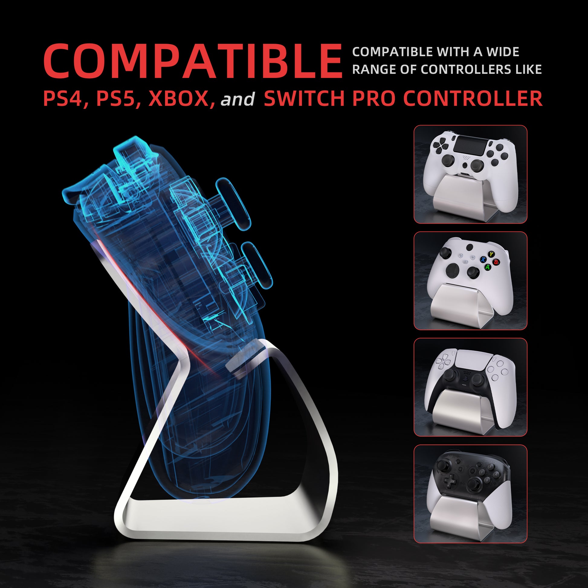 PlayVital Stand-AL Universal Metal Game Controller Stand for PS5 & PS4 & Xbox Series X/S & Xbox One - Silver - FQZPFC002 PlayVital