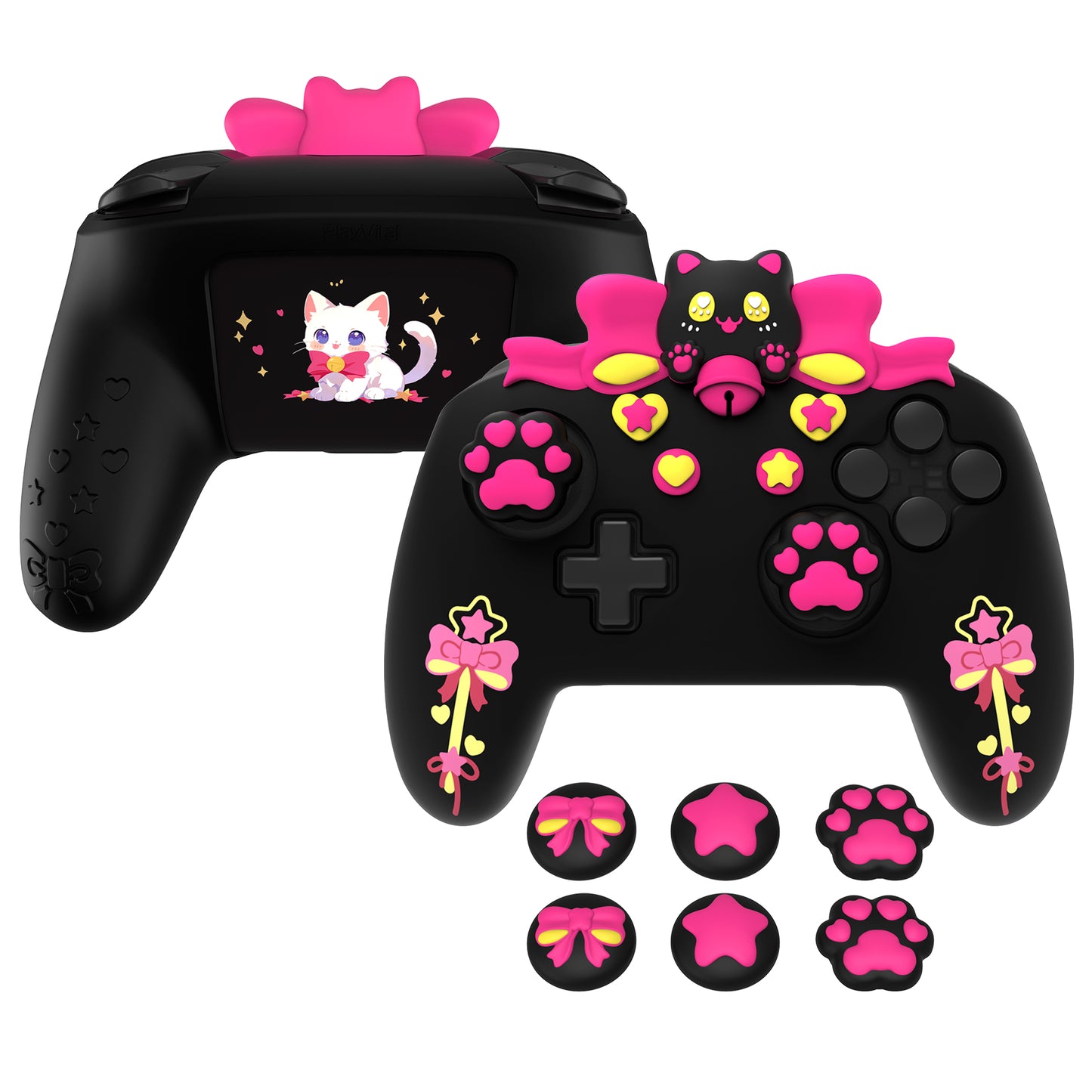 PlayVital Sweetheart Kitty Series Silicone Skin Protective Case with Joystick Grips for Nintendo Switch Pro Controller - Black PlayVital