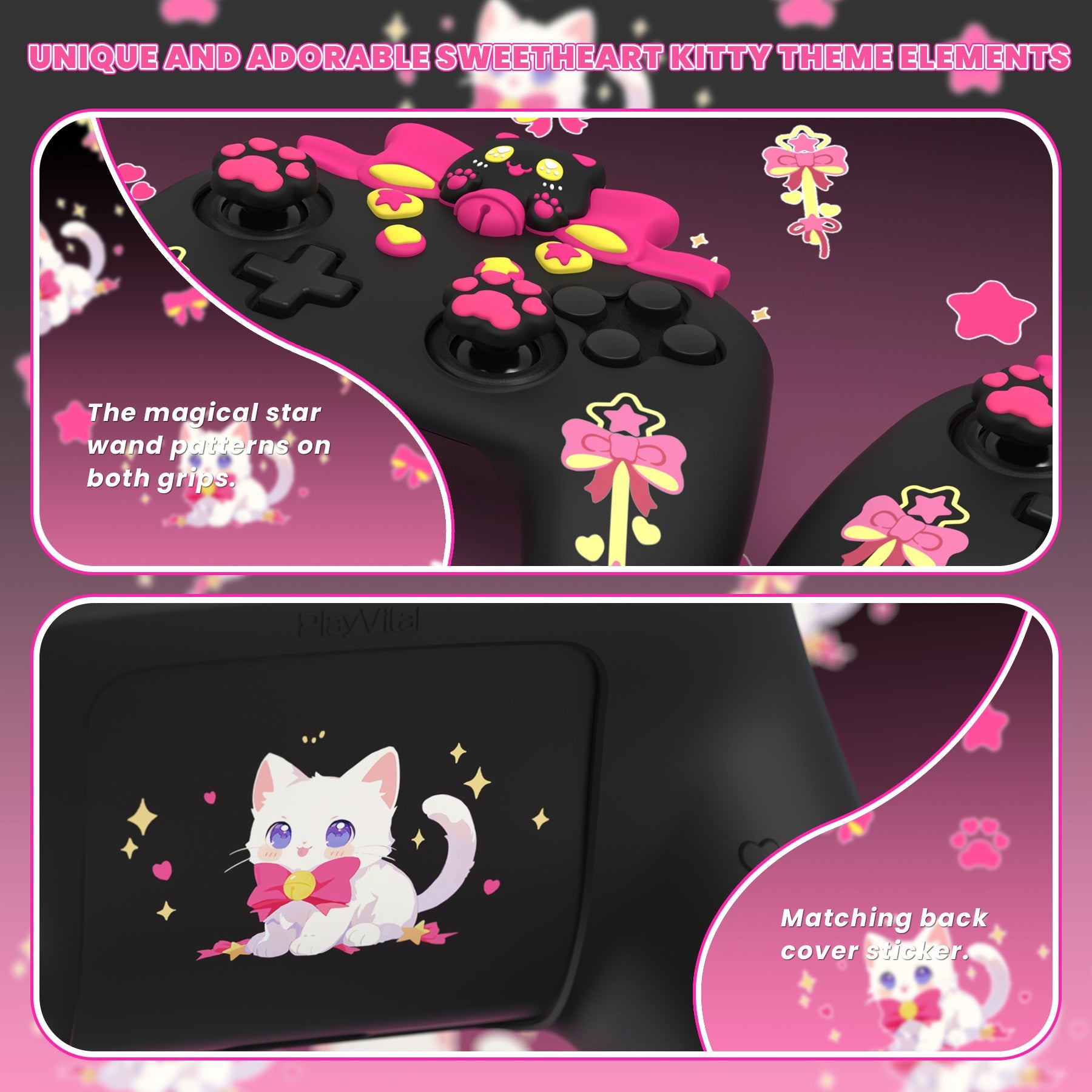 PlayVital Sweetheart Kitty Series Silicone Skin Protective Case with Joystick Grips for Nintendo Switch Pro Controller - Black PlayVital