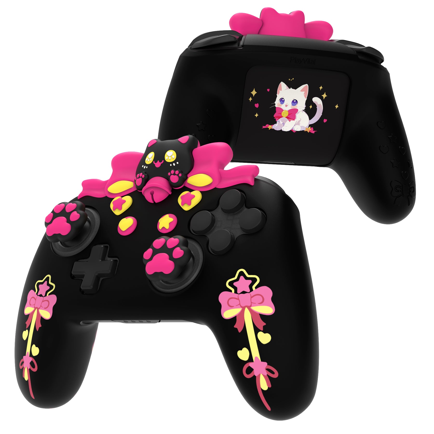 PlayVital Sweetheart Kitty Series Silicone Skin Protective Case with Joystick Grips for Nintendo Switch Pro Controller - Black PlayVital