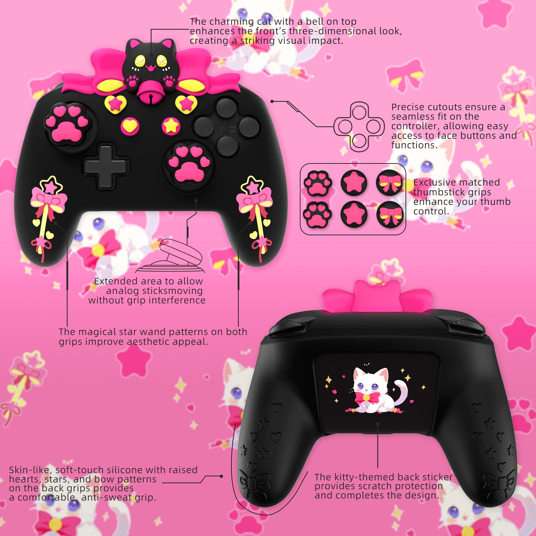 PlayVital Sweetheart Kitty Series Silicone Skin Protective Case with Joystick Grips for Nintendo Switch Pro Controller - Black PlayVital