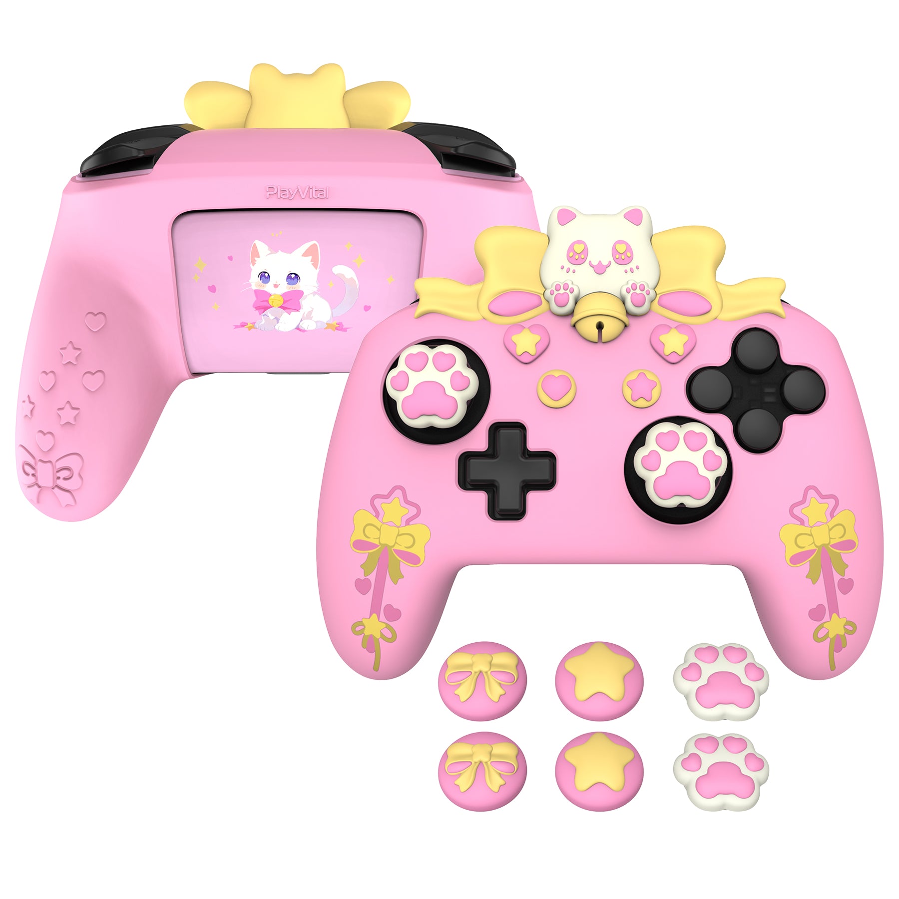 PlayVital Sweetheart Kitty Series Silicone Skin Protective Case with Joystick Grips for Nintendo Switch Pro Controller - Pink PlayVital