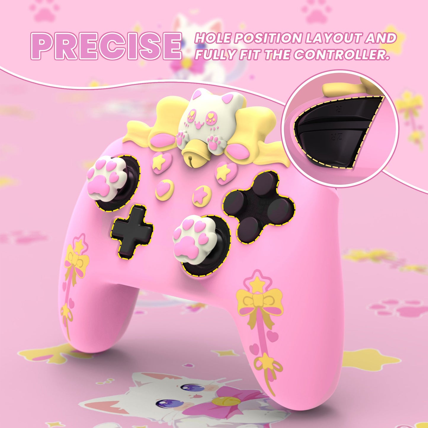 PlayVital Sweetheart Kitty Series Silicone Skin Protective Case with Joystick Grips for Nintendo Switch Pro Controller - Pink PlayVital