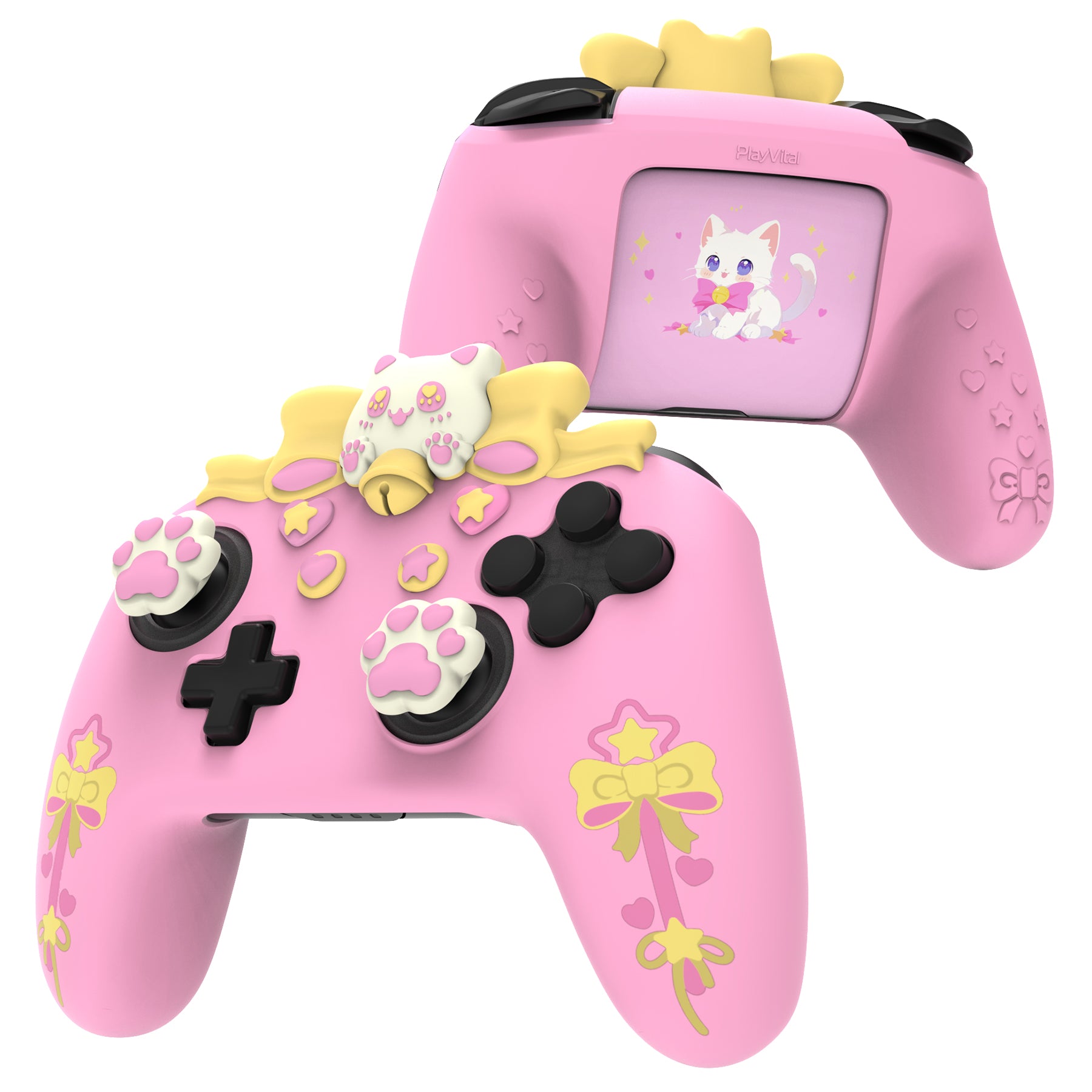 PlayVital Sweetheart Kitty Series Silicone Skin Protective Case with Joystick Grips for Nintendo Switch Pro Controller - Pink PlayVital