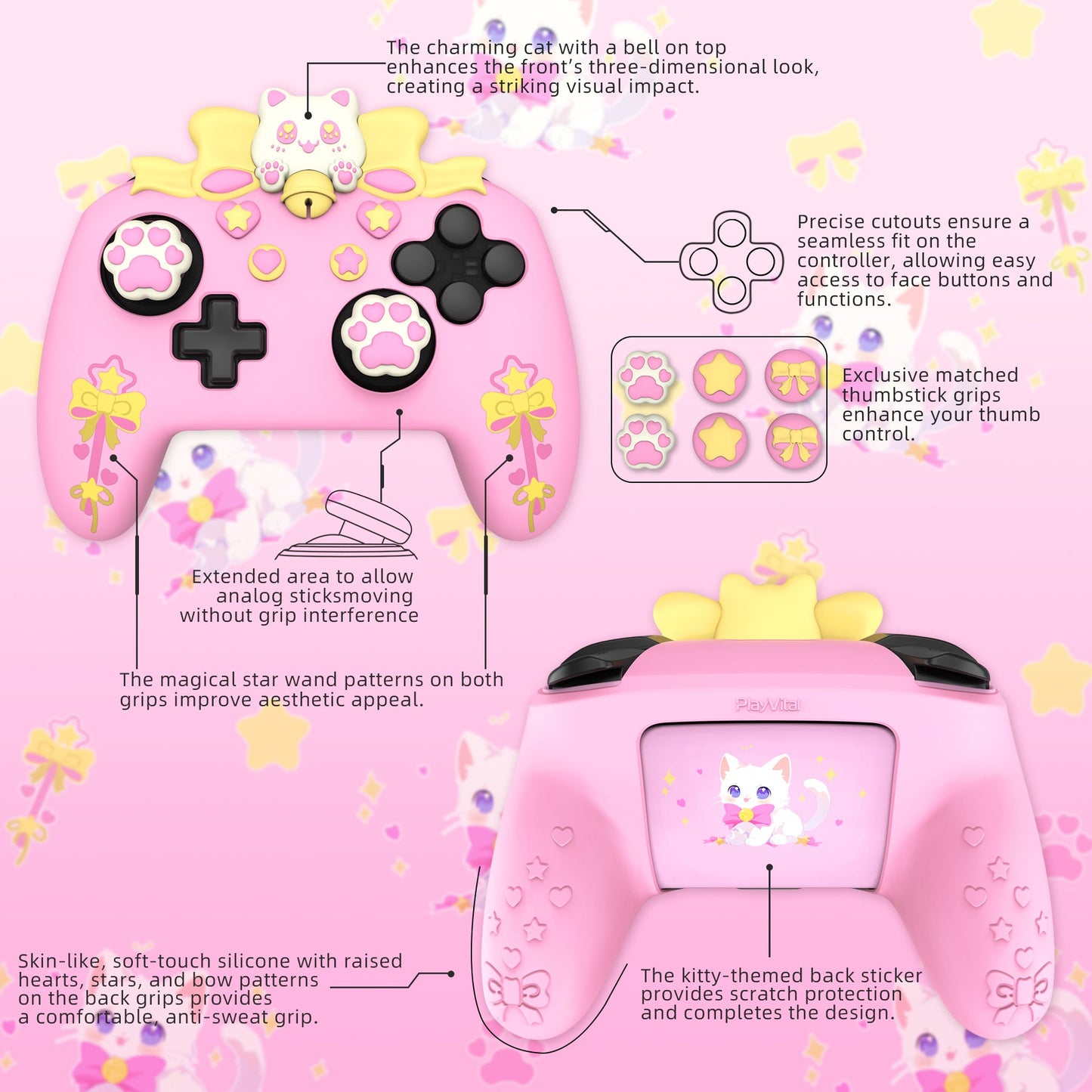 PlayVital Sweetheart Kitty Series Silicone Skin Protective Case with Joystick Grips for Nintendo Switch Pro Controller - Pink PlayVital