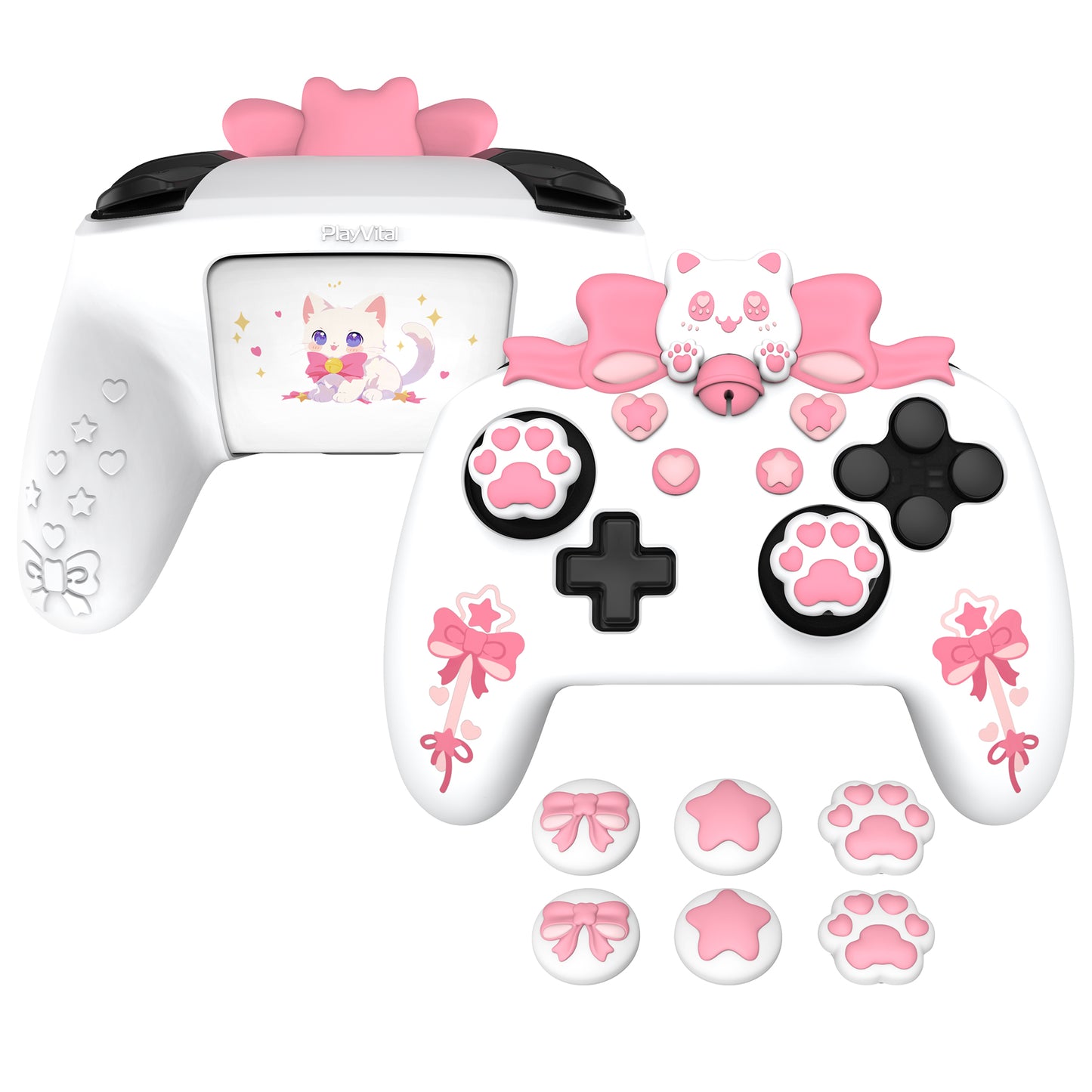 PlayVital Sweetheart Kitty Series Silicone Skin Protective Case with Joystick Grips for Nintendo Switch Pro Controller - White PlayVital