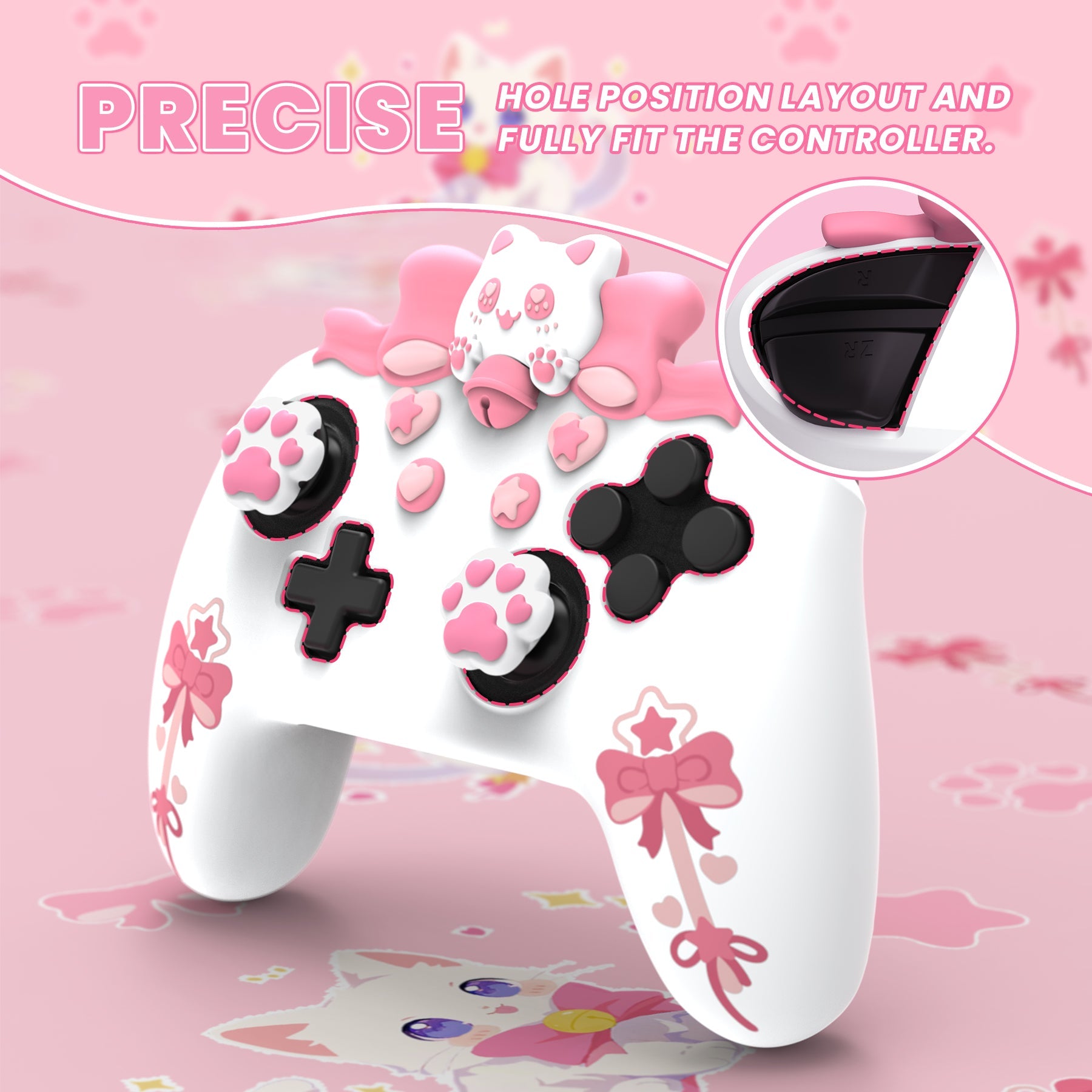 PlayVital Sweetheart Kitty Series Silicone Skin Protective Case with Joystick Grips for Nintendo Switch Pro Controller - White PlayVital