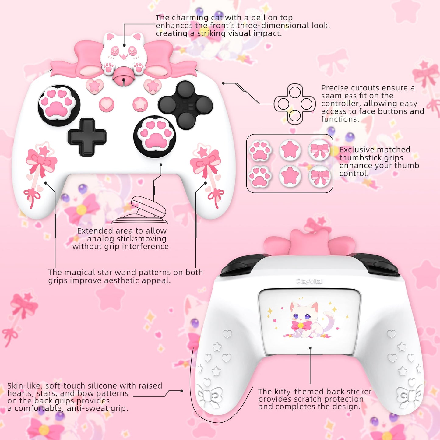 PlayVital Sweetheart Kitty Series Silicone Skin Protective Case with Joystick Grips for Nintendo Switch Pro Controller - White PlayVital