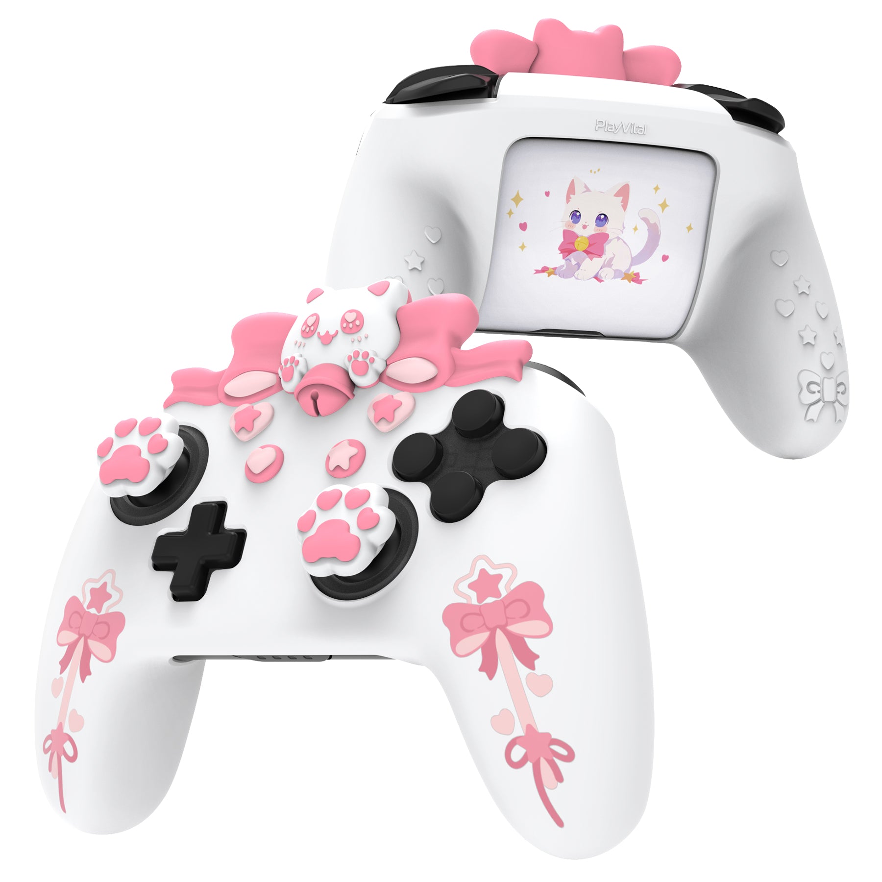 PlayVital Sweetheart Kitty Series Silicone Skin Protective Case with Joystick Grips for Nintendo Switch Pro Controller - White PlayVital