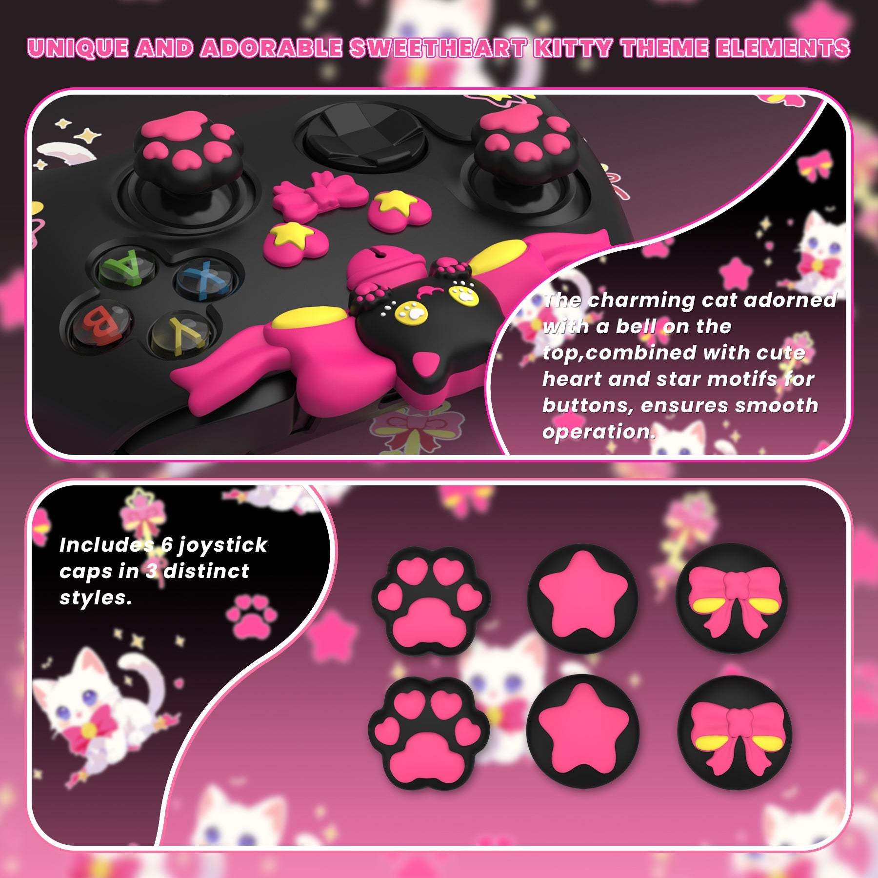 PlayVital Sweetheart Kitty Silicone Cover with Thumb Grips and Stickers for Xbox Series X/S Controller & Xbox Core Wireless Controller - Black PlayVital