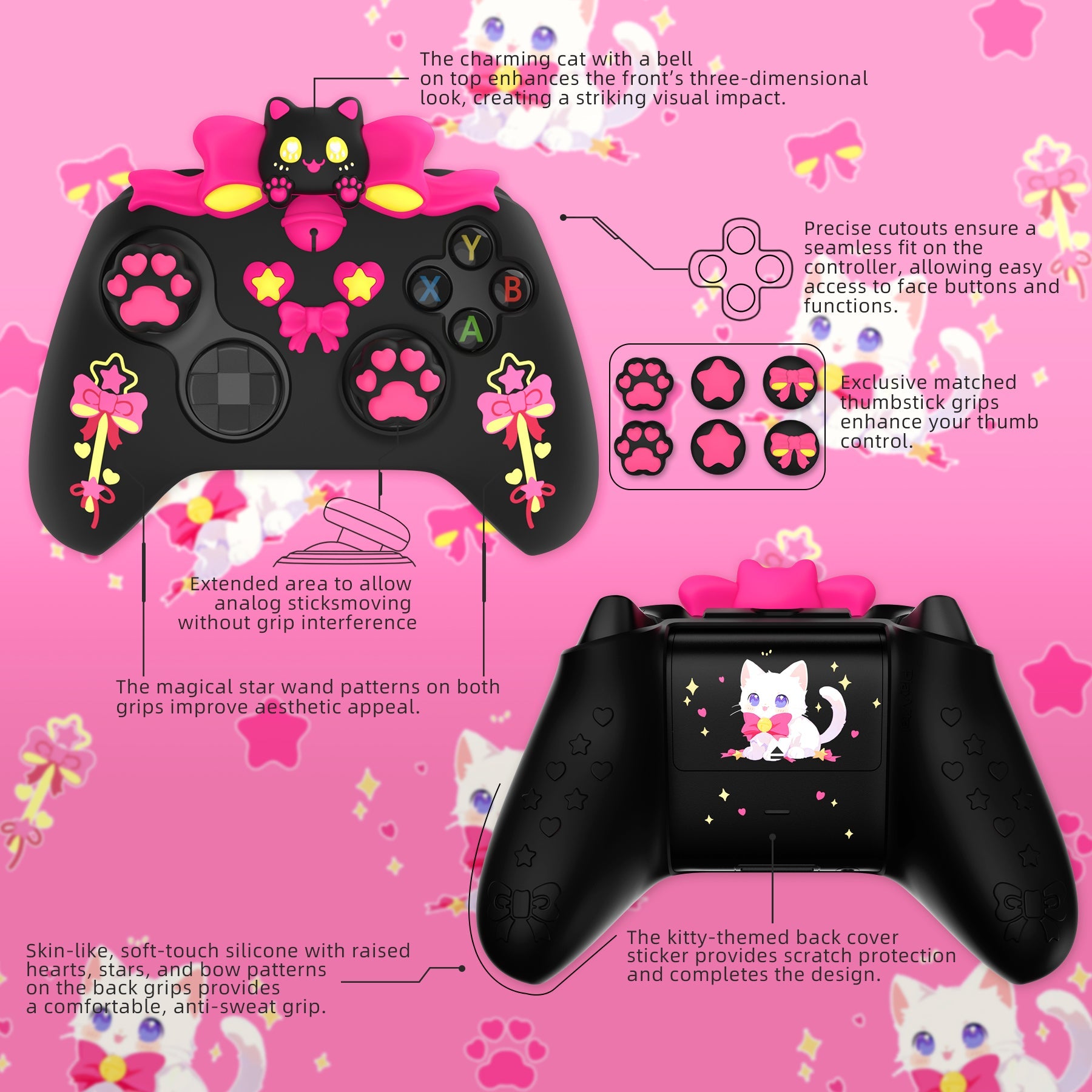 PlayVital Sweetheart Kitty Silicone Cover with Thumb Grips and Stickers for Xbox Series X/S Controller & Xbox Core Wireless Controller - Black PlayVital