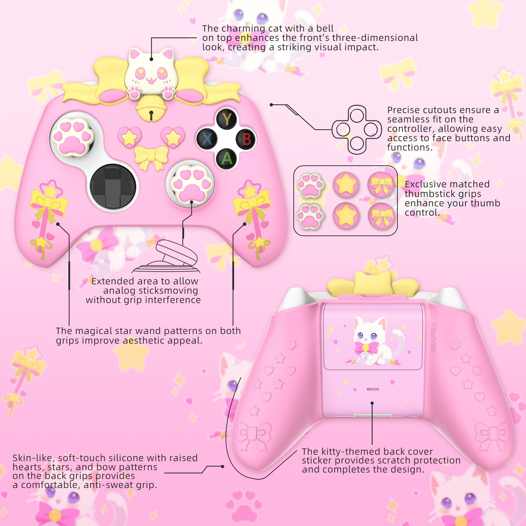 PlayVital Sweetheart Kitty Silicone Cover with Thumb Grips and Stickers for Xbox Series X/S Controller & Xbox Core Wireless Controller - Pink PlayVital