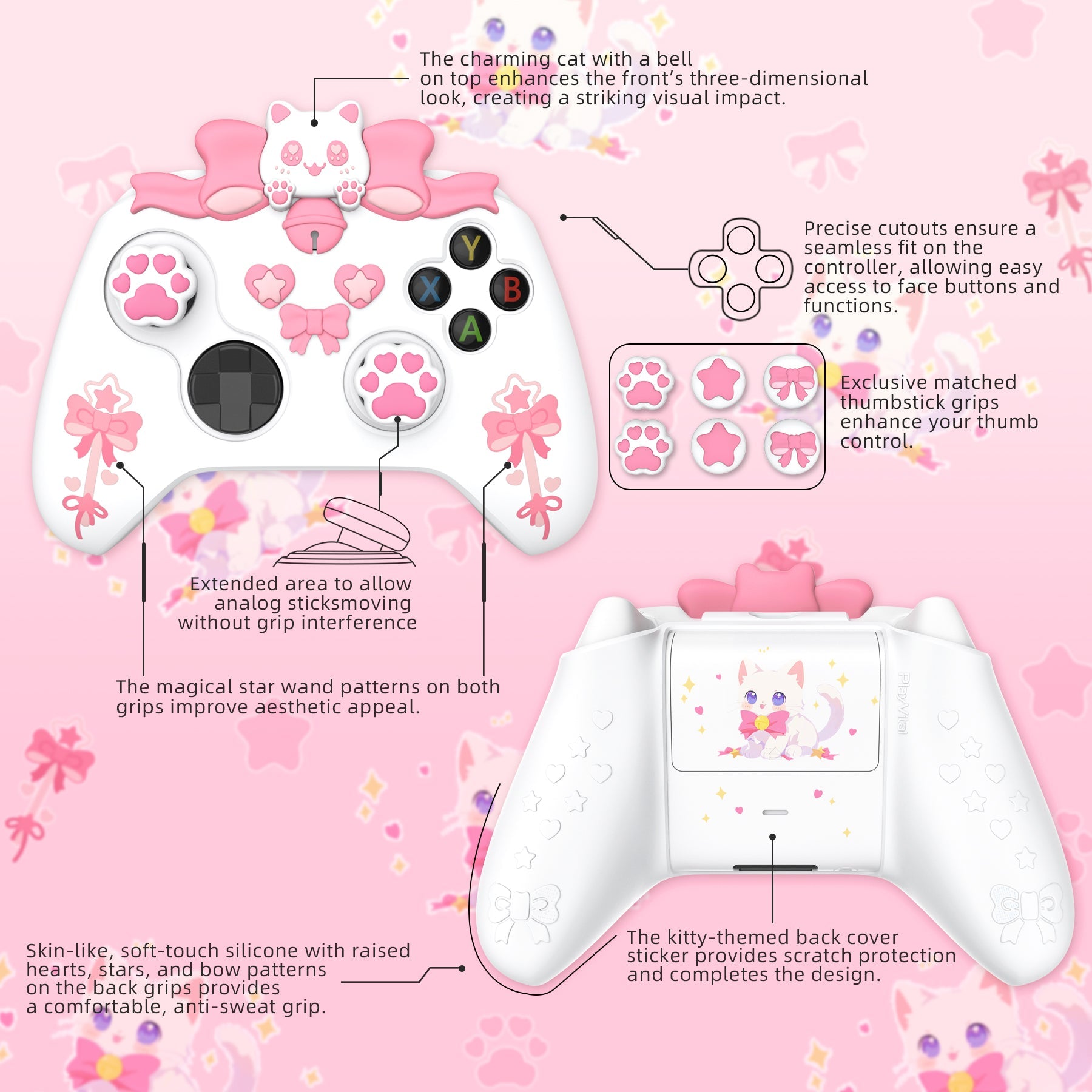 PlayVital Sweetheart Kitty Silicone Cover with Thumb Grips and Stickers for Xbox Series X/S Controller & Xbox Core Wireless Controller - White PlayVital