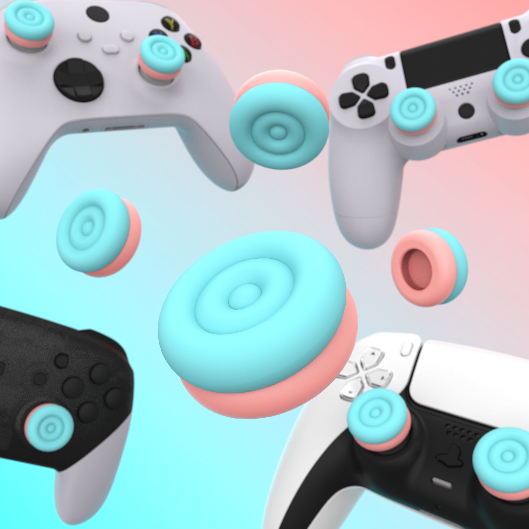 PlayVital Thumbs Cushion Caps Thumb Grips for ps5, for ps4, Thumbstick Grip Cover for Xbox Series X/S, Thumb Grip Caps for Xbox One, Elite Series 2, for Switch Pro Controller - Aqua Blue & Coral Pink - PJM3041 PlayVital