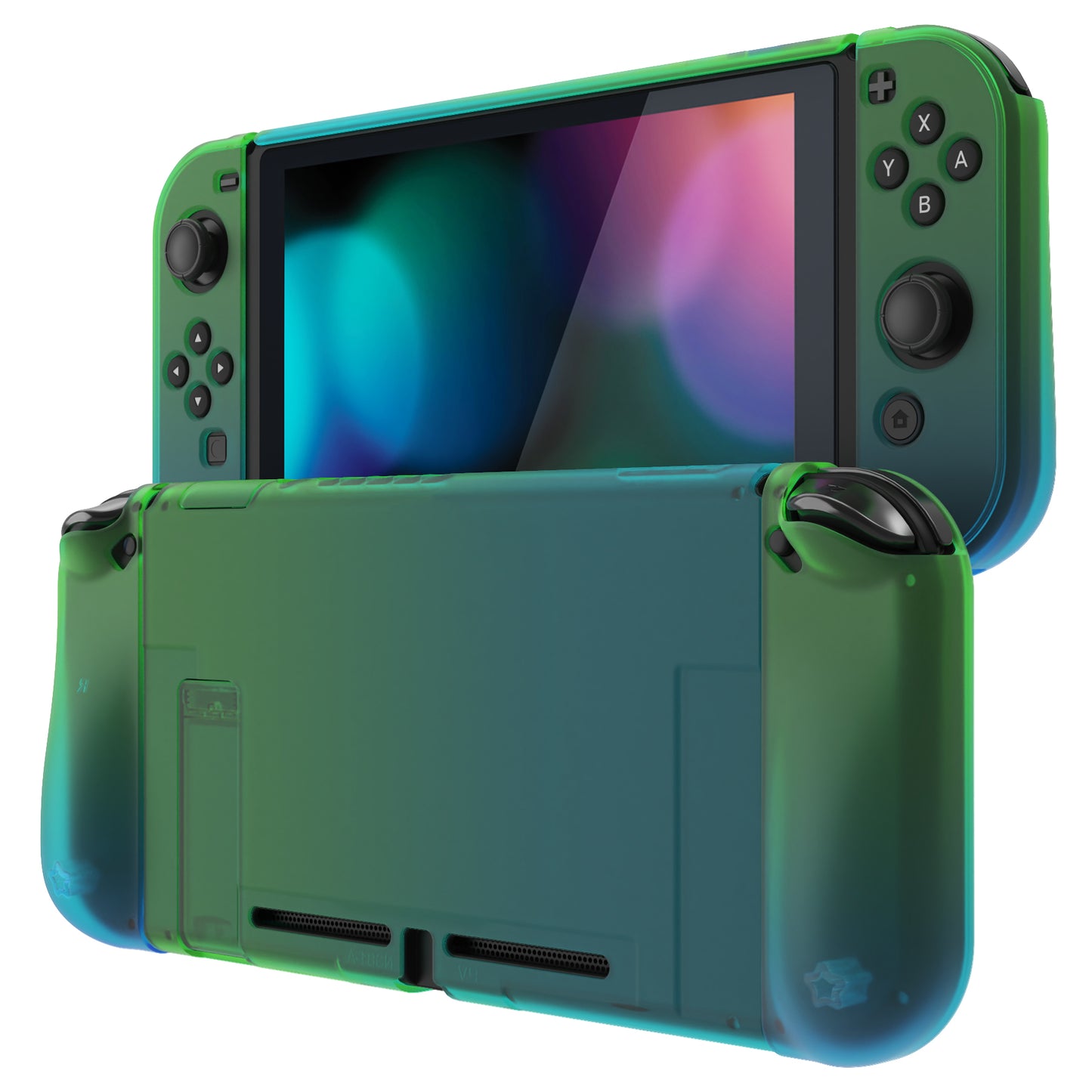 PlayVital UPGRADED Dockable Hard Shell Protective Case for Nintendo Switch - Glossy Gradient Translucent Green Blue PlayVital