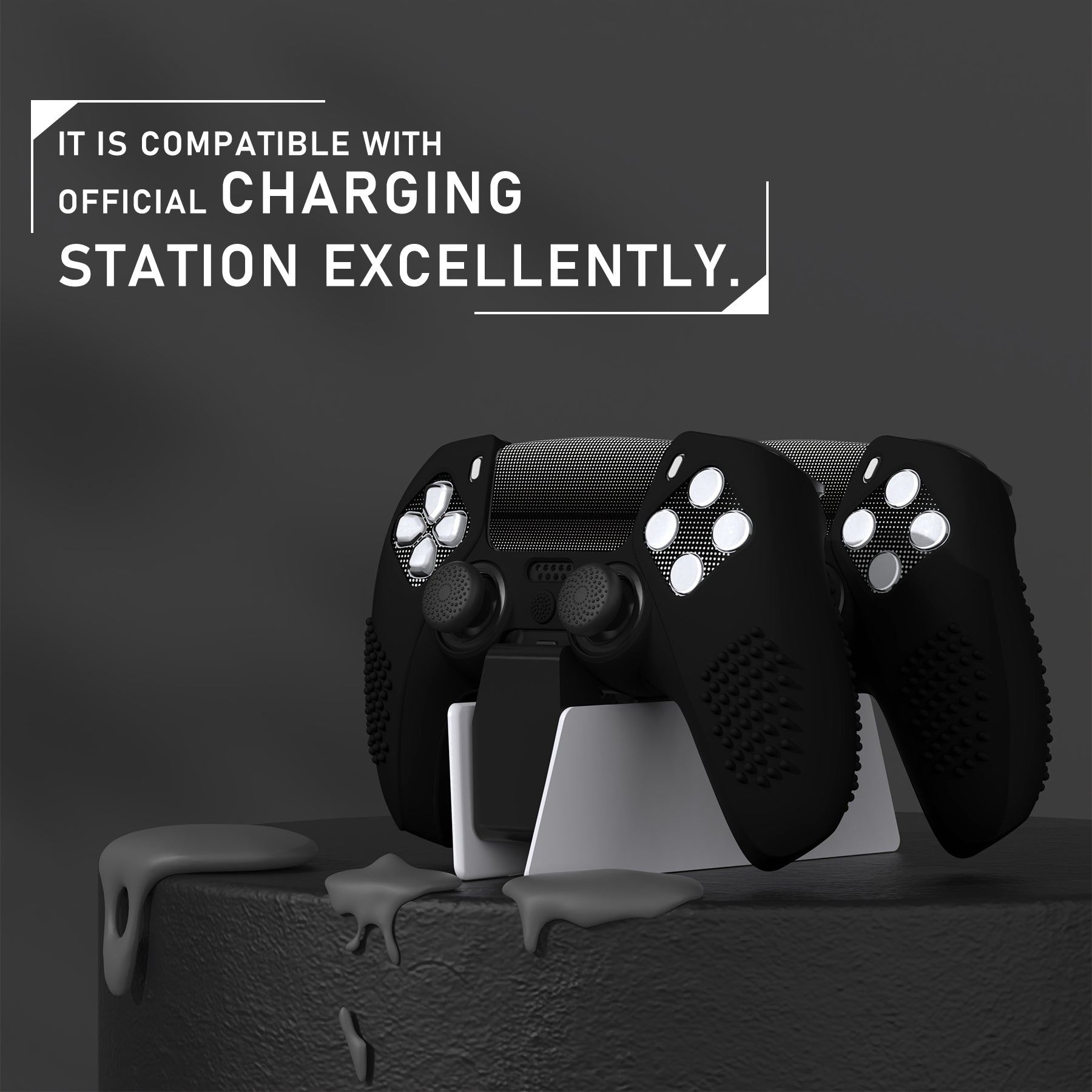 PlayVital Upgraded 3D Studded Edition Anti-Slip Silicone Cover Skin with 6 Thumb Grips & 2 Stickers for PS5 Controller, Compatible with Charging Dock - Black PlayVital