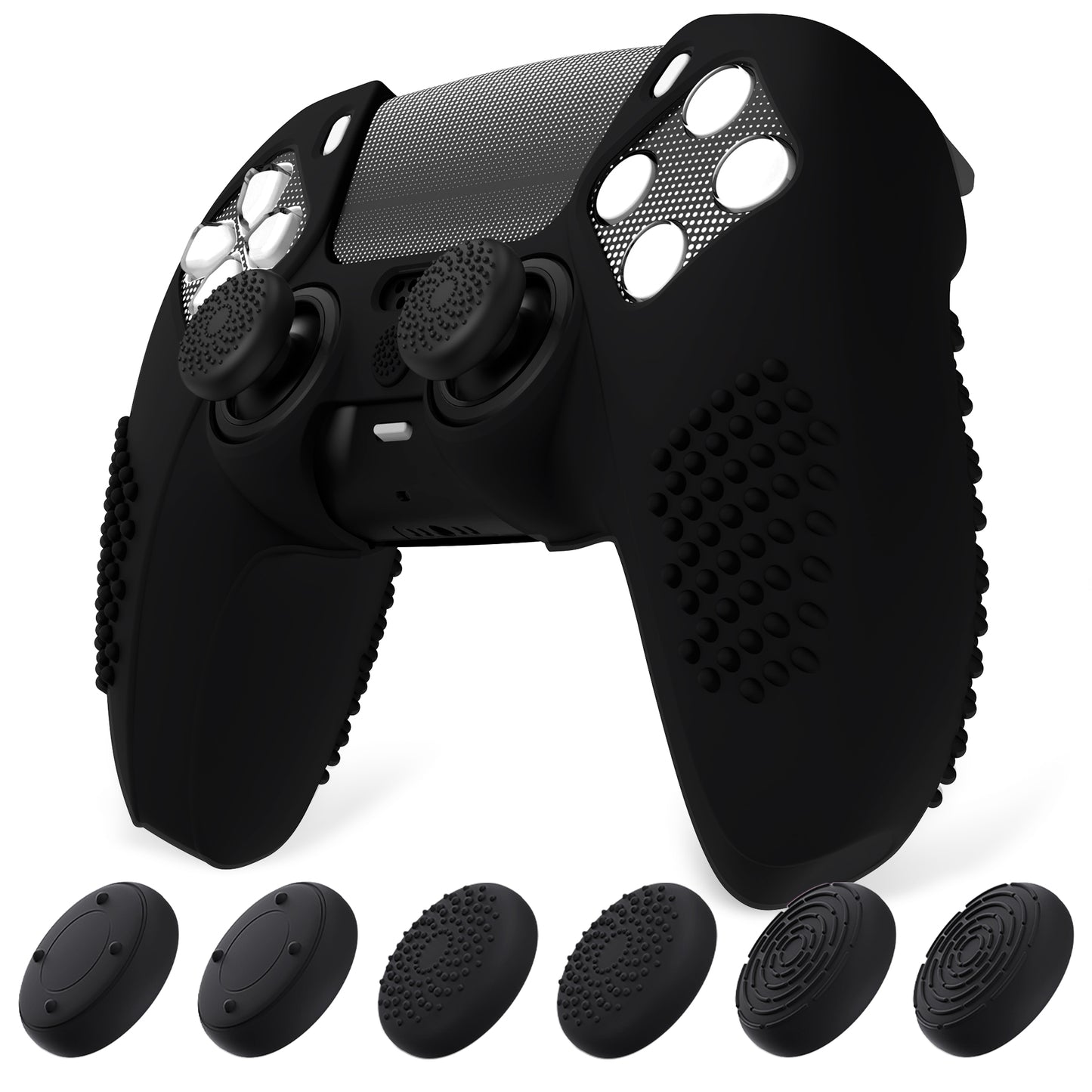 PlayVital Upgraded 3D Studded Edition Anti-Slip Silicone Cover Skin with 6 Thumb Grips & 2 Stickers for PS5 Controller, Compatible with Charging Dock - Black PlayVital