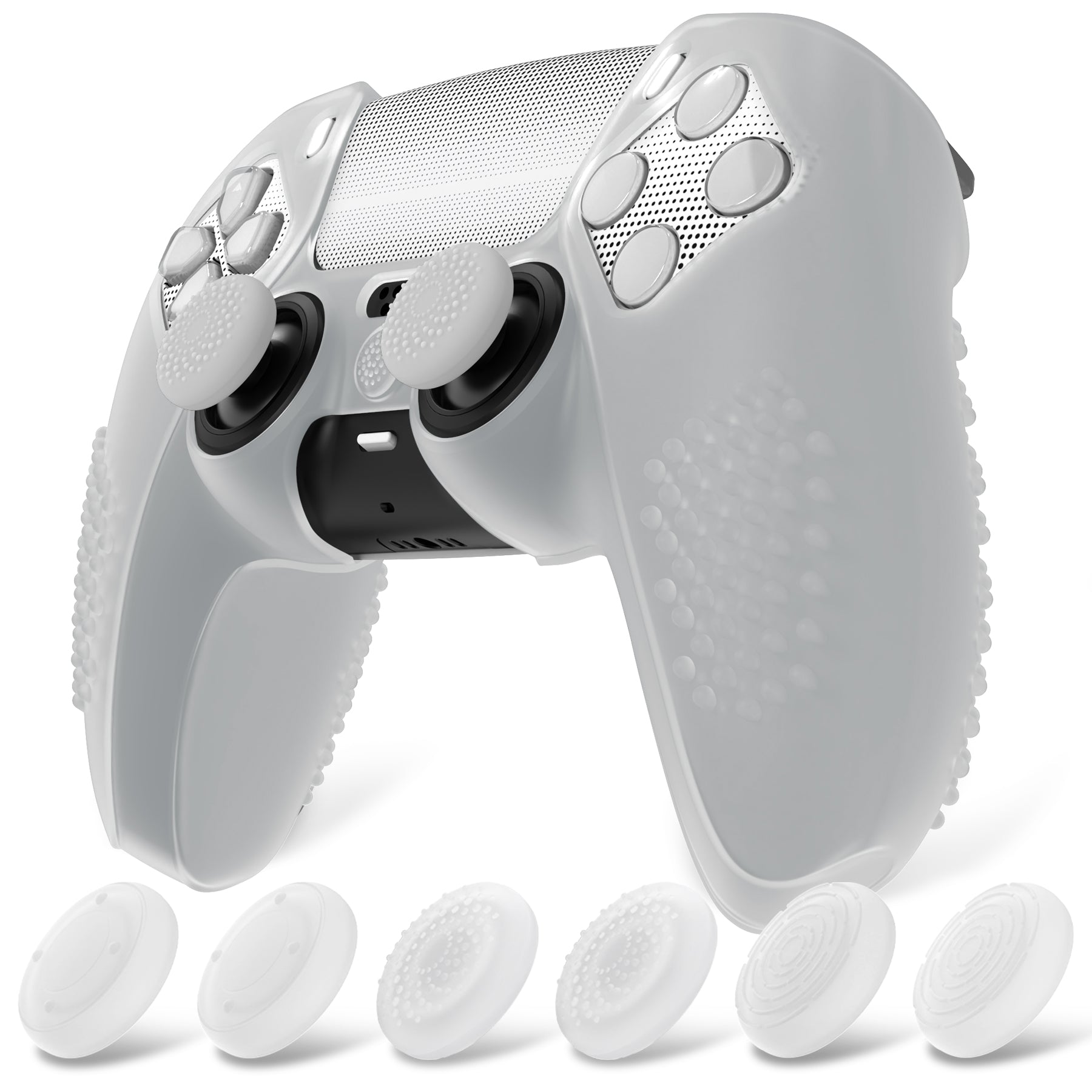 PlayVital Upgraded 3D Studded Edition Anti-Slip Silicone Cover Skin with 6 Thumb Grips & 2 Stickers for PS5 Controller, Compatible with Charging Dock - Clear White PlayVital