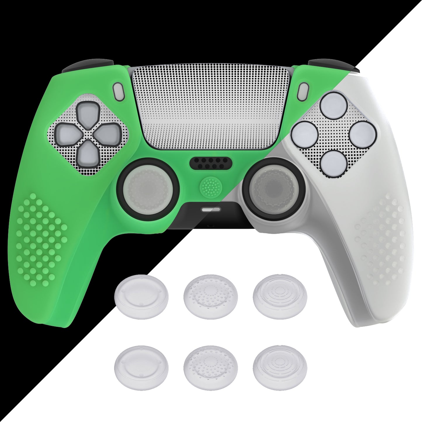 PlayVital Upgraded 3D Studded Edition Anti-Slip Silicone Cover Skin with 6 Thumb Grips & 2 Stickers for PS5 Controller, Compatible with Charging Dock - Glow in Dark - Green PlayVital