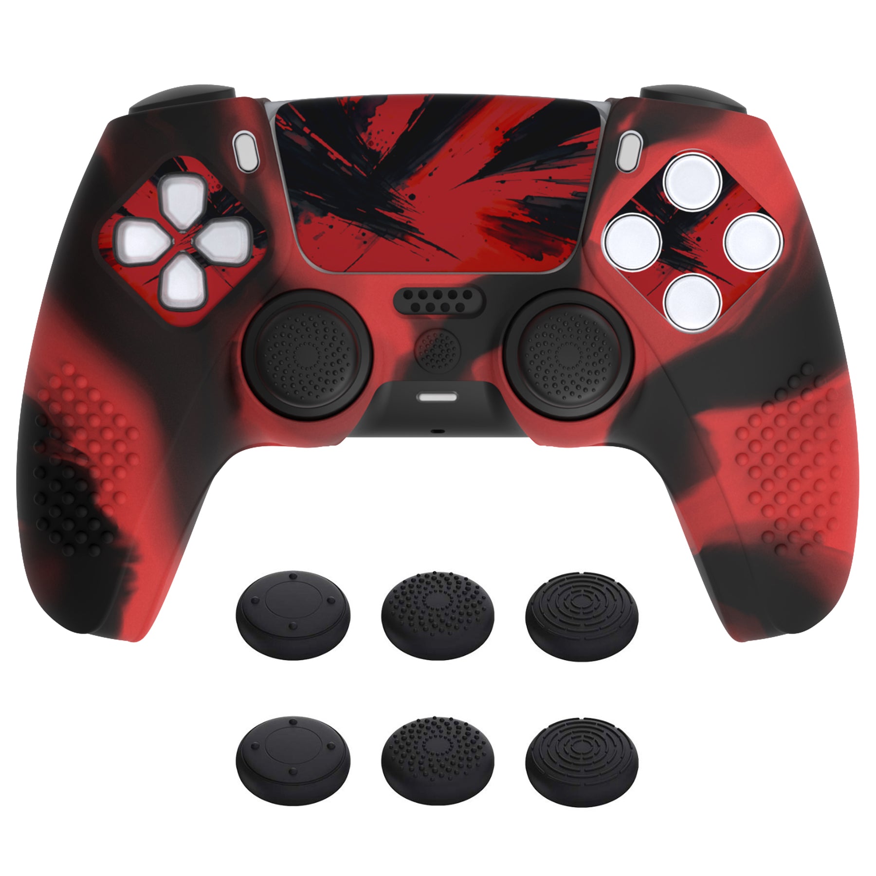 PlayVital Upgraded 3D Studded Edition Anti-Slip Silicone Cover Skin with 6 Thumb Grips & 2 Stickers for PS5 Controller, Compatible with Charging Dock - Red & Black PlayVital