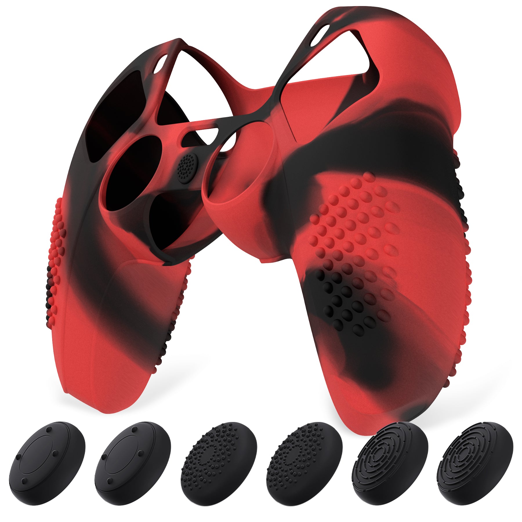 PlayVital Upgraded 3D Studded Edition Anti-Slip Silicone Cover Skin with 6 Thumb Grips & 2 Stickers for PS5 Controller, Compatible with Charging Dock - Red & Black PlayVital