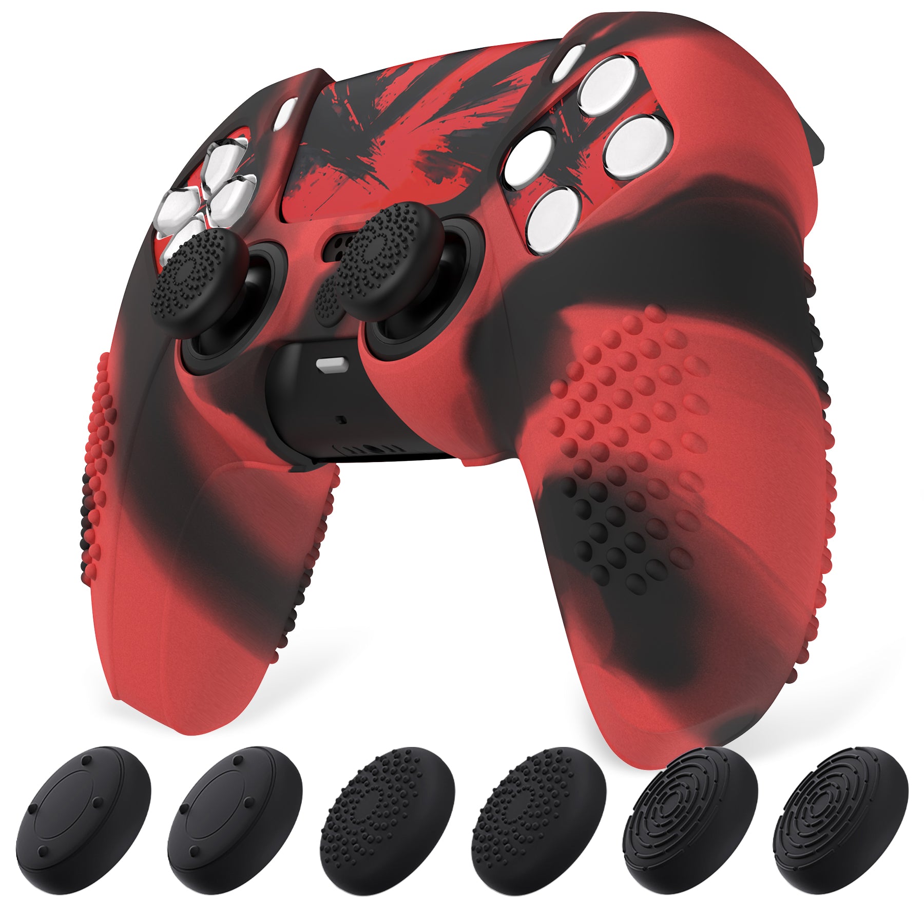 PlayVital Upgraded 3D Studded Edition Anti-Slip Silicone Cover Skin with 6 Thumb Grips & 2 Stickers for PS5 Controller, Compatible with Charging Dock - Red & Black PlayVital