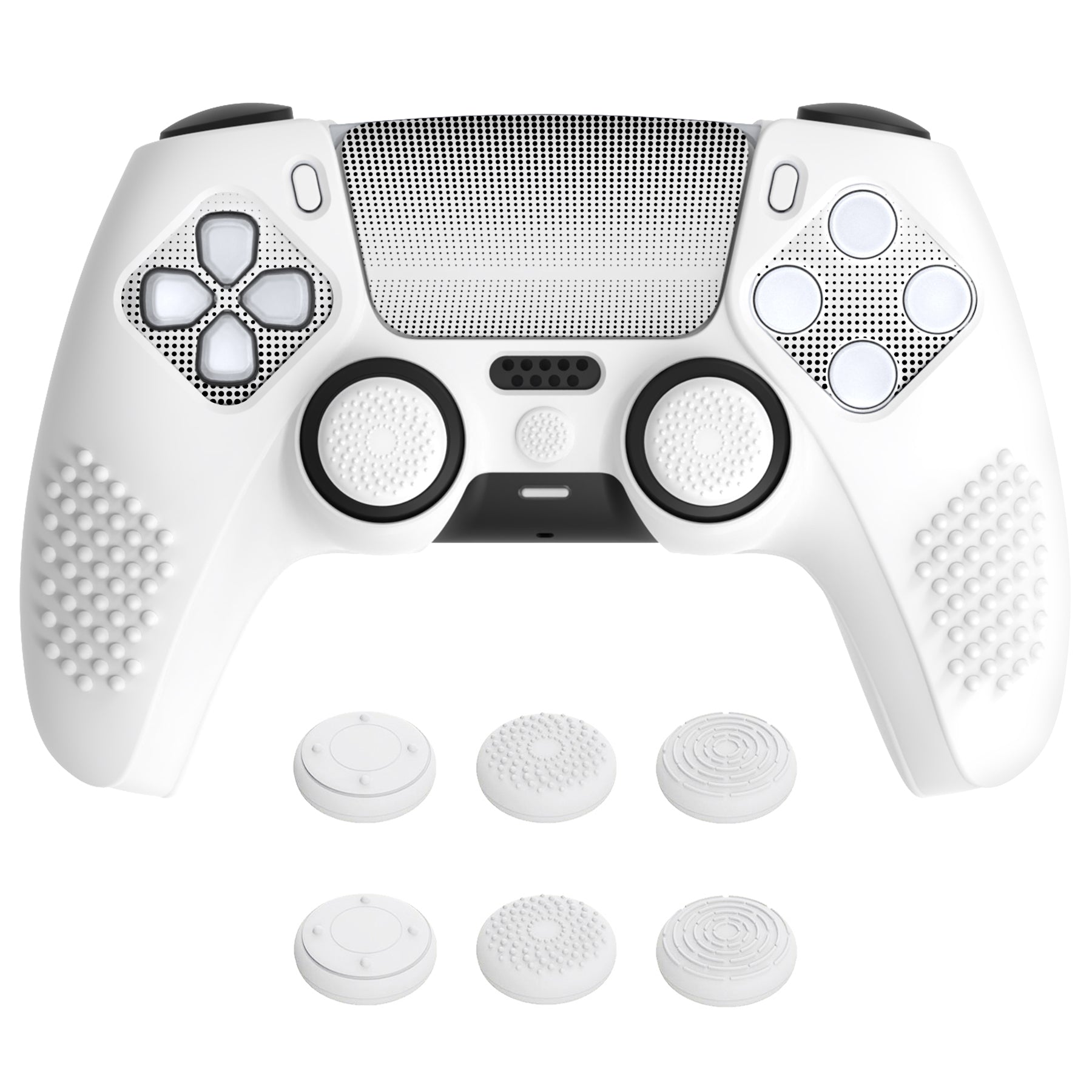 PlayVital Upgraded 3D Studded Edition Anti-Slip Silicone Cover Skin with 6 Thumb Grips & 2 Stickers for PS5 Controller, Compatible with Charging Dock - White PlayVital