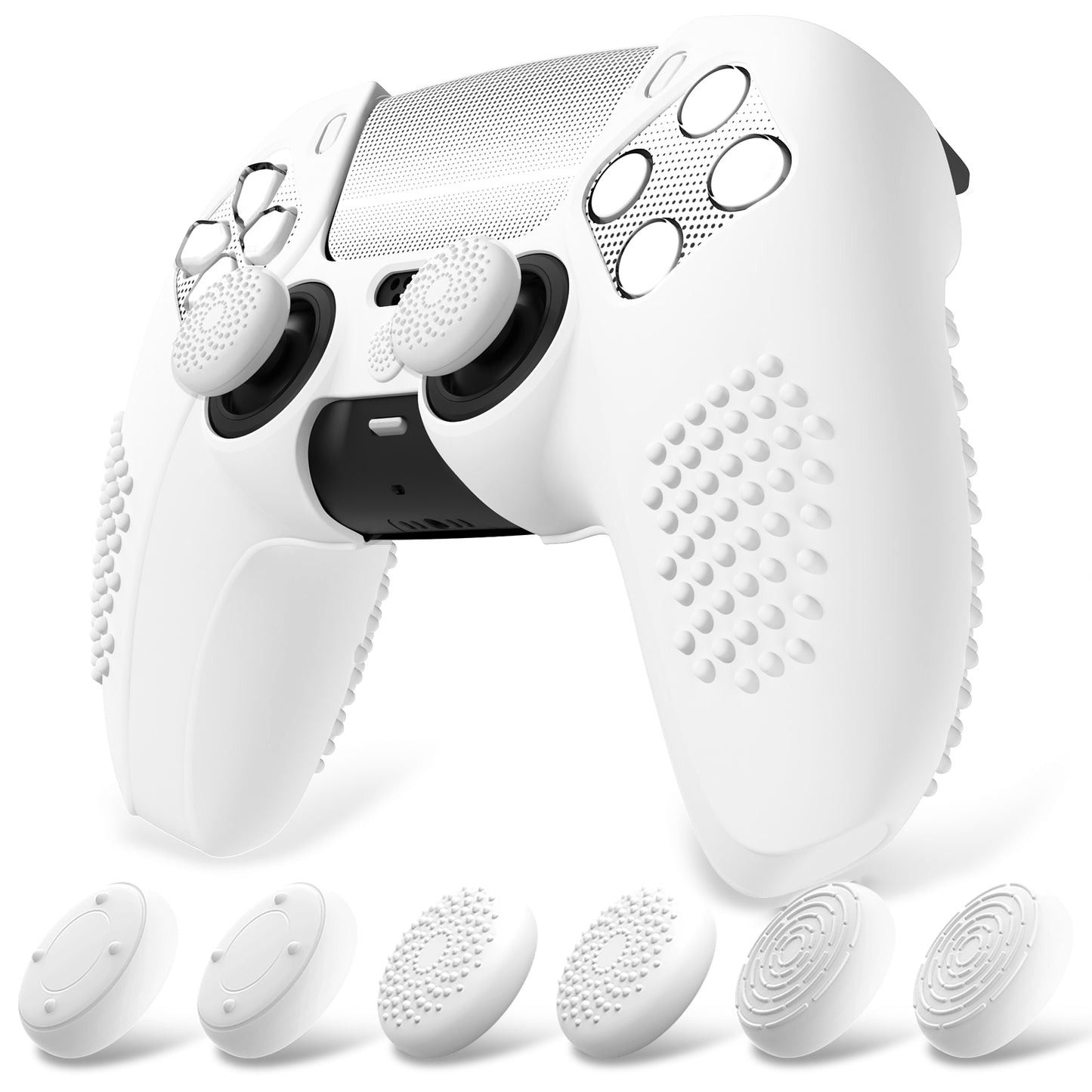 PlayVital Upgraded 3D Studded Edition Anti-Slip Silicone Cover Skin with 6 Thumb Grips & 2 Stickers for PS5 Controller, Compatible with Charging Dock - White PlayVital