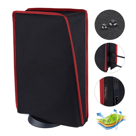 PlayVital Vertical Black & Red Trim Anti Scratch Waterproof Dust Cover for ps5 Console Digital Edition & Disc Edition - PFPJ011 PlayVital
