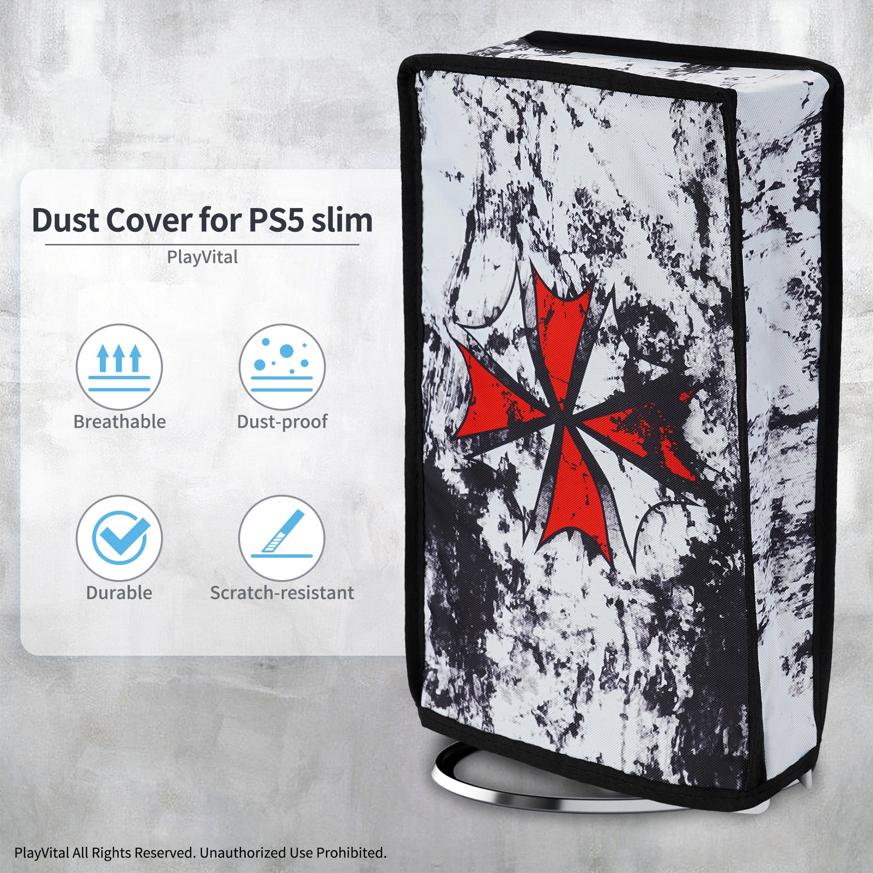 PlayVital Vertical Dust Cover for ps5 Slim Digital Edition(The New Smaller Design), Nylon Dust Proof Protector Waterproof Cover Sleeve for ps5 Slim Console - Biohazard - JKSPFH003 PlayVital