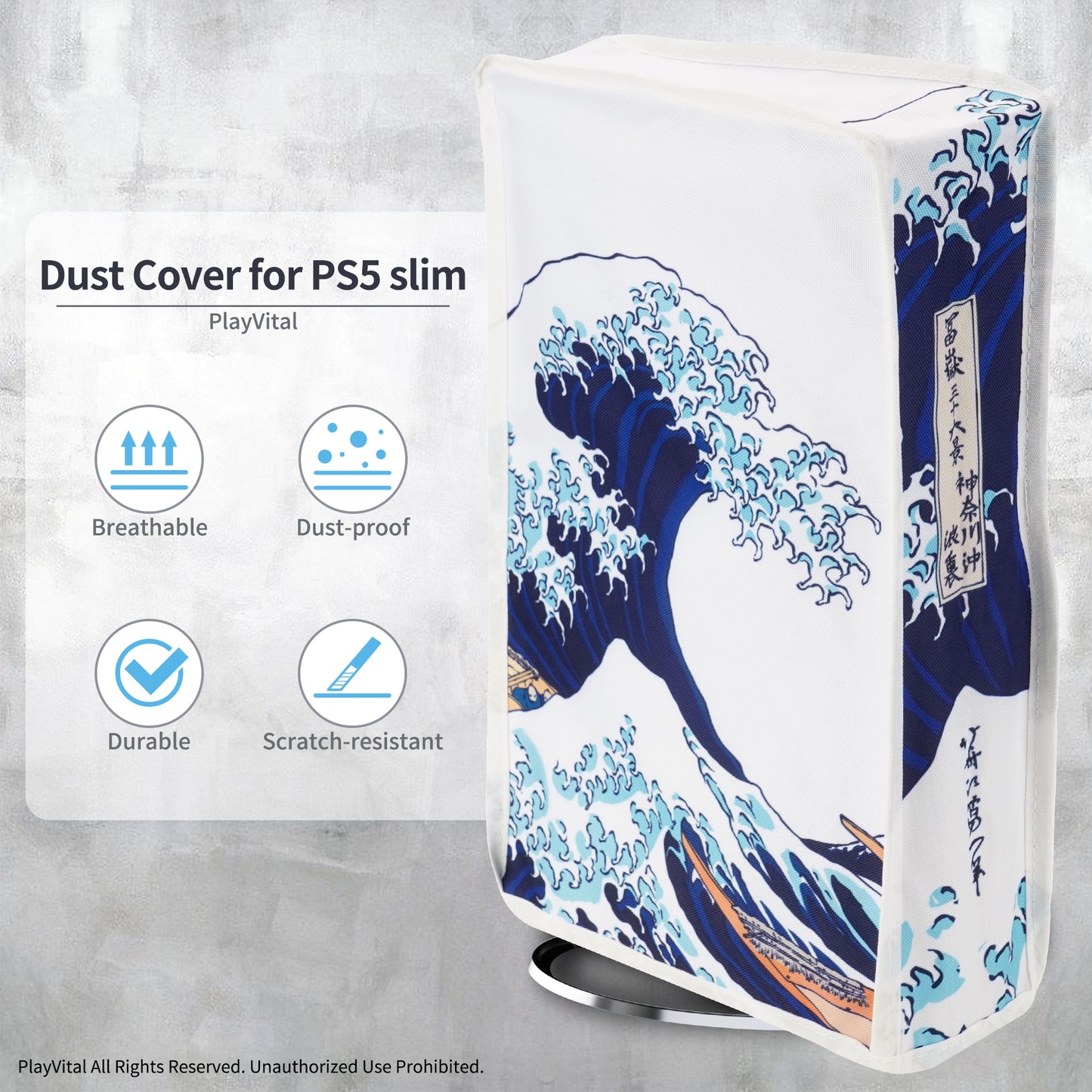 PlayVital Vertical Dust Cover for ps5 Slim Disc Edition(The New Smaller Design), Nylon Dust Proof Protector Waterproof Cover Sleeve for ps5 Slim Console - The Great Wave - BMYPFH001 PlayVital