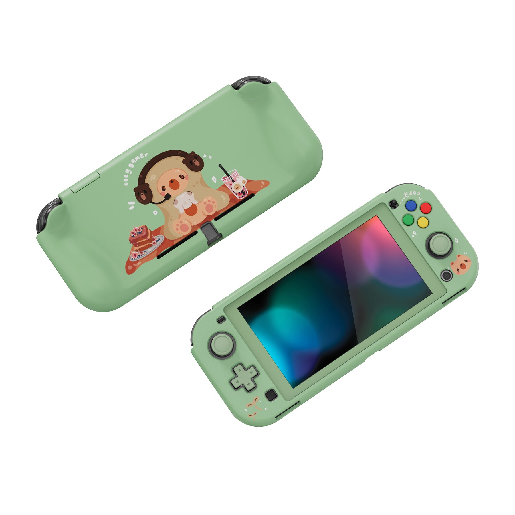 PlayVital ZealProtect Hard Shell Protective Case with Screen Protector & Thumb Grip Caps & Button Caps for NS Switch Lite - Cozy Gamer Bear - PSLYR016 playvital