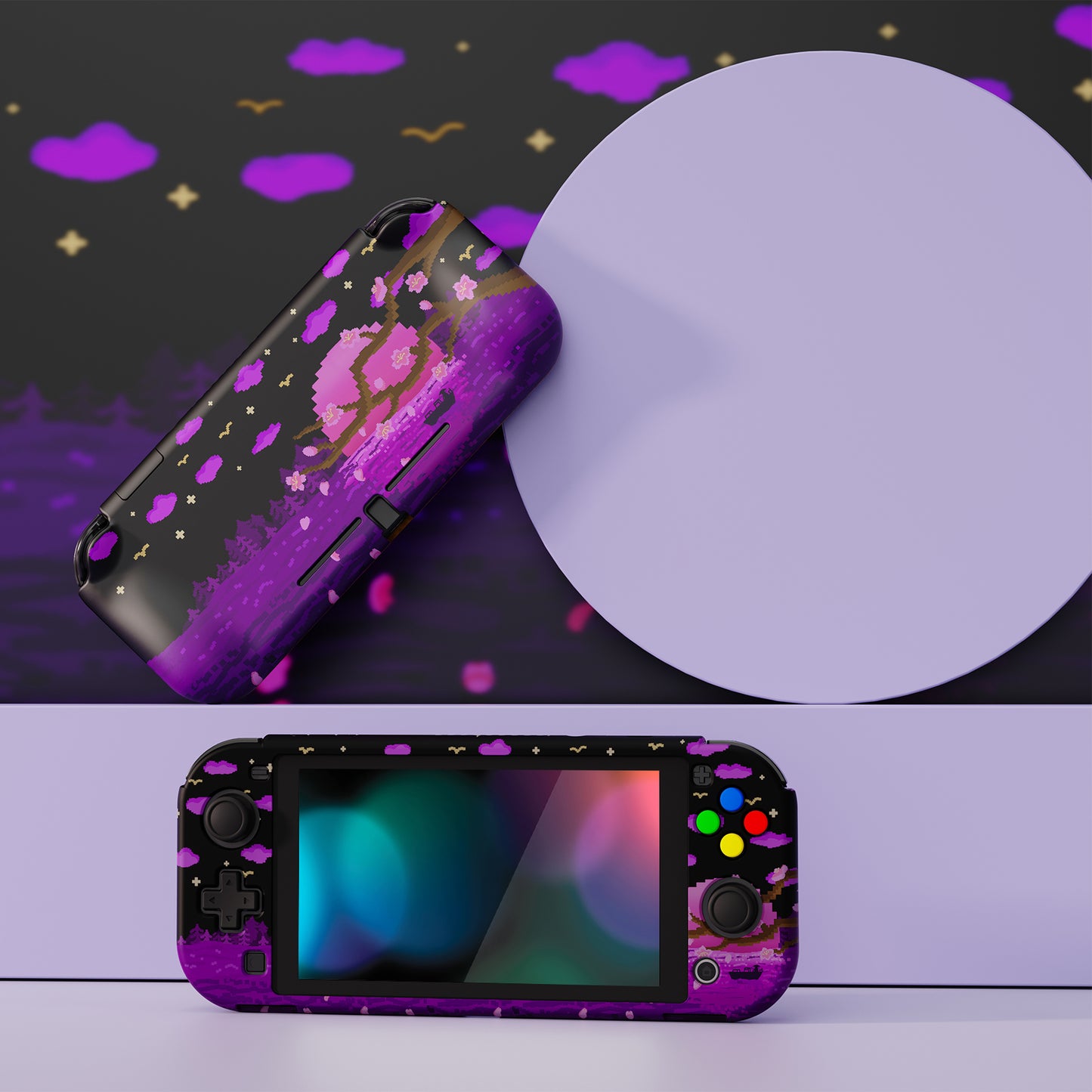 PlayVital ZealProtect Hard Shell Protective Case with Screen Protector & Thumb Grip Caps & Button Caps for NS Switch Lite - Pixel Moon Night - PSLYR015 playvital