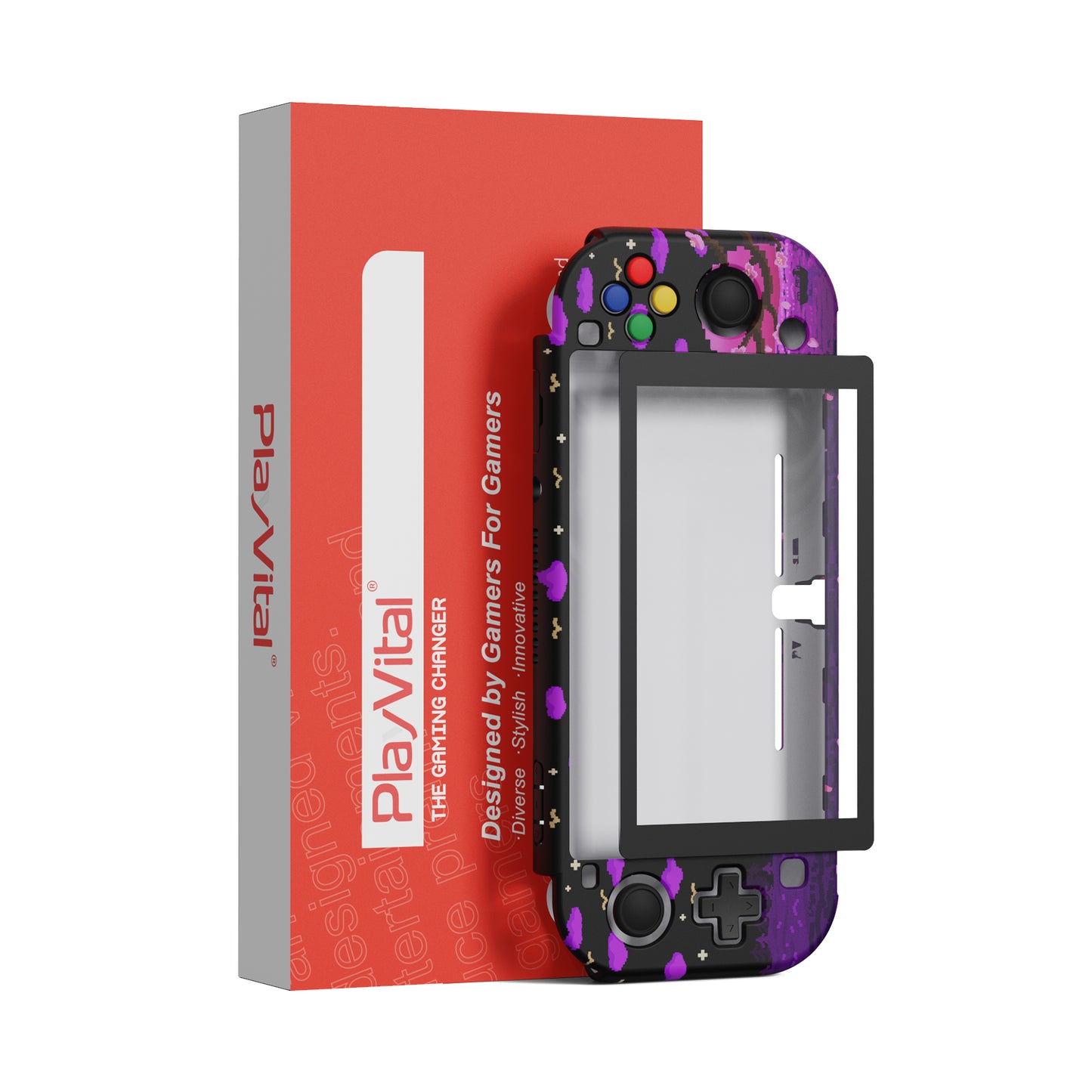 PlayVital ZealProtect Hard Shell Protective Case with Screen Protector & Thumb Grip Caps & Button Caps for NS Switch Lite - Pixel Moon Night - PSLYR015 playvital