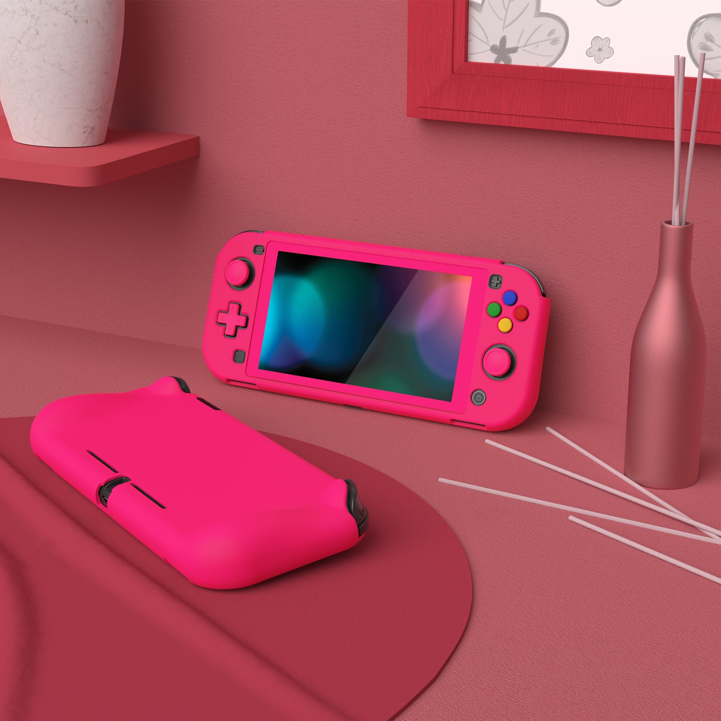 PlayVital ZealProtect Hard Shell Protective Case with Screen Protector & Thumb Grip Caps & Button Caps for Nintendo Switch Lite - Bright Pink - PSLYP3016 playvital