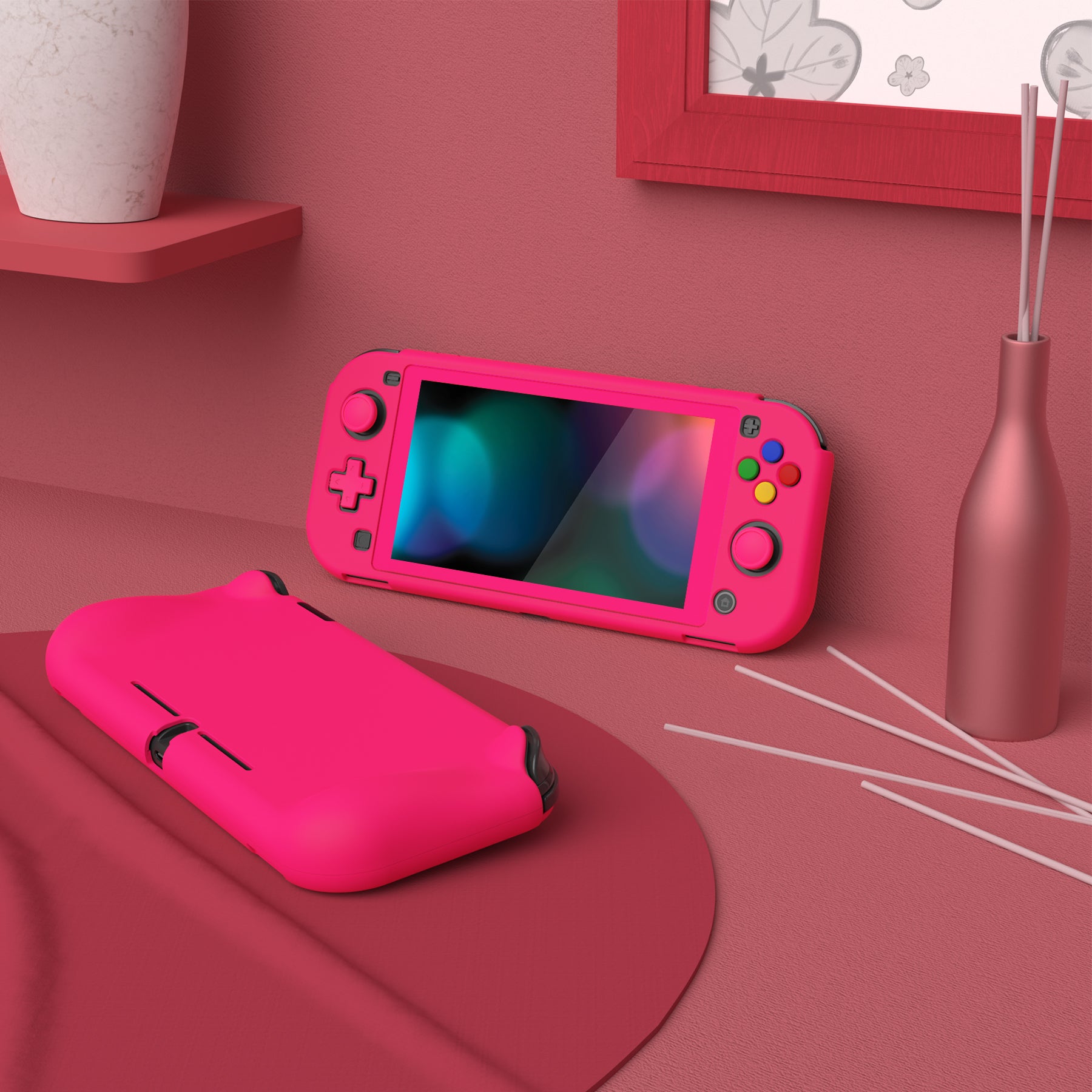 PlayVital ZealProtect Hard Shell Protective Case with Screen Protector & Thumb Grip Caps & Button Caps for Nintendo Switch Lite - Bright Pink - PSLYP3016 playvital