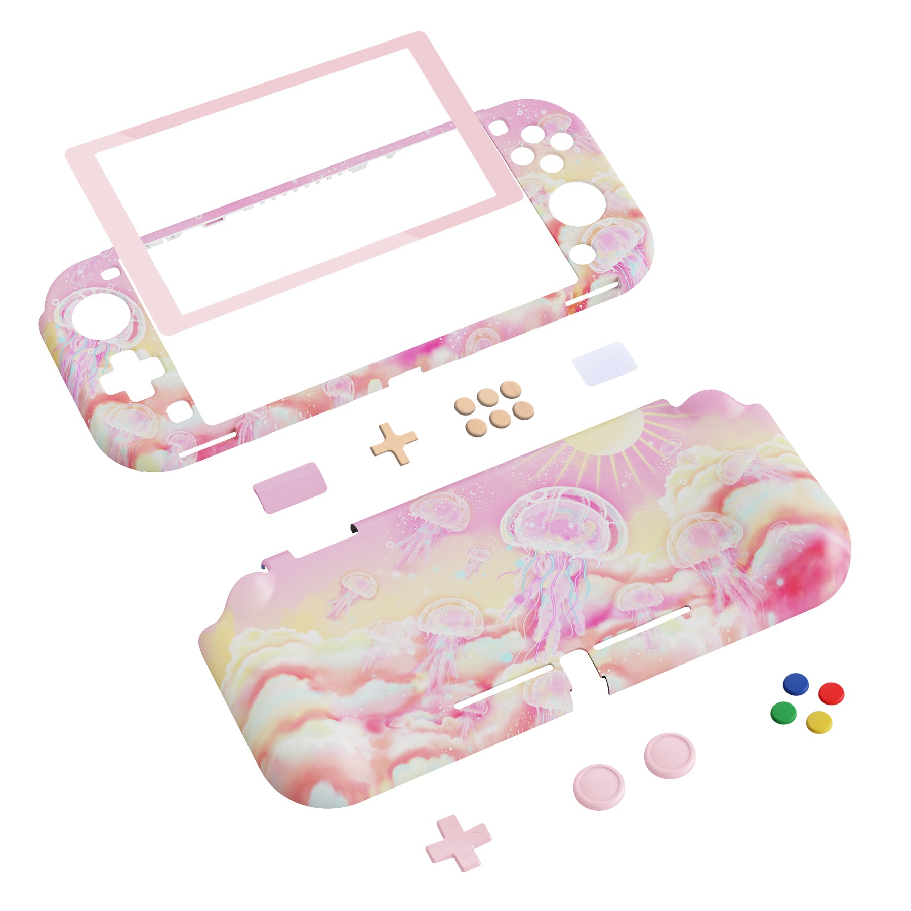 PlayVital ZealProtect Protective Case for Nintendo Switch Lite, Hard Shell Ergonomic Grip Cover for Nintendo Switch Lite w/Screen Protector & Thumb Grip Caps & Button Caps - Pinky Jellyfish Heaven - PSLYR001 playvital