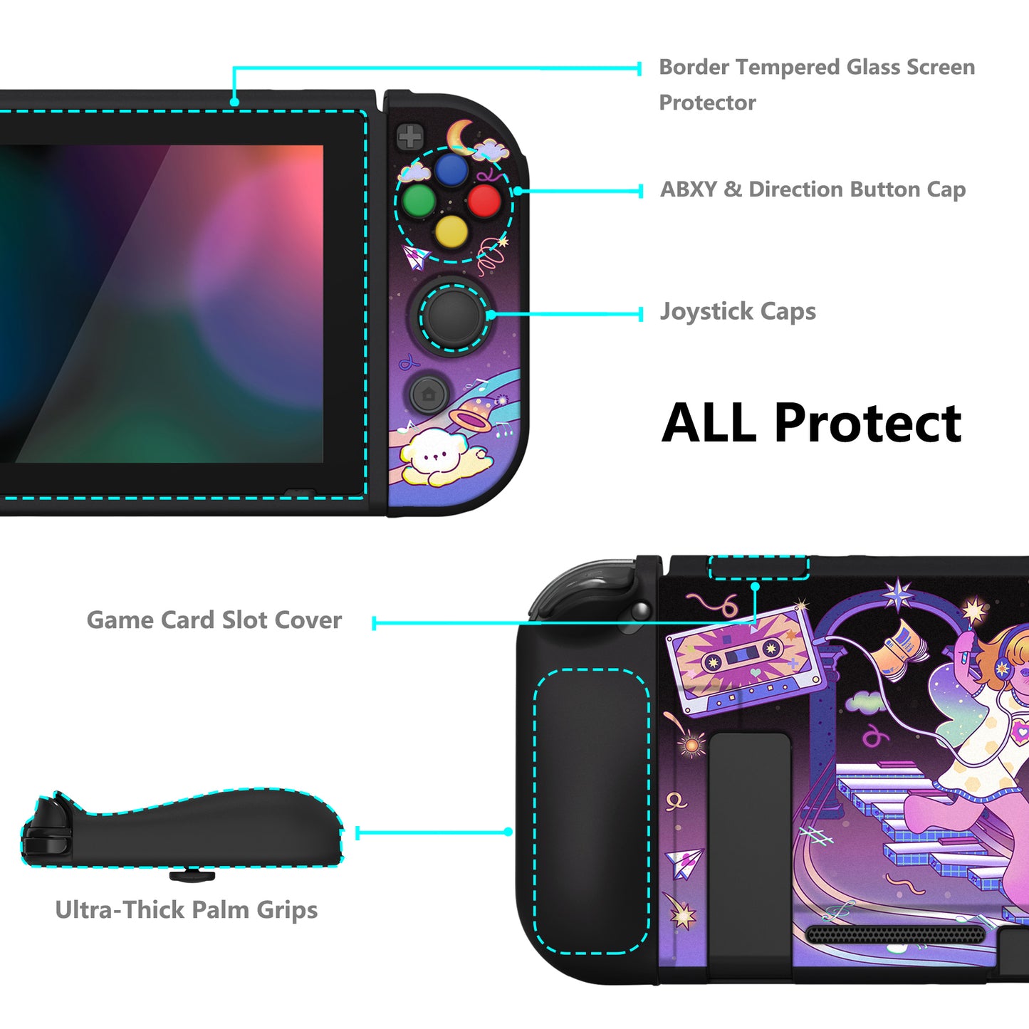 PlayVital ZealProtect Soft Protective Case for Nintendo Switch, Flexible Cover for Switch with Tempered Glass Screen Protector & Thumb Grips & ABXY Direction Button Caps - Dancing Notes - RNSYV6049 playvital