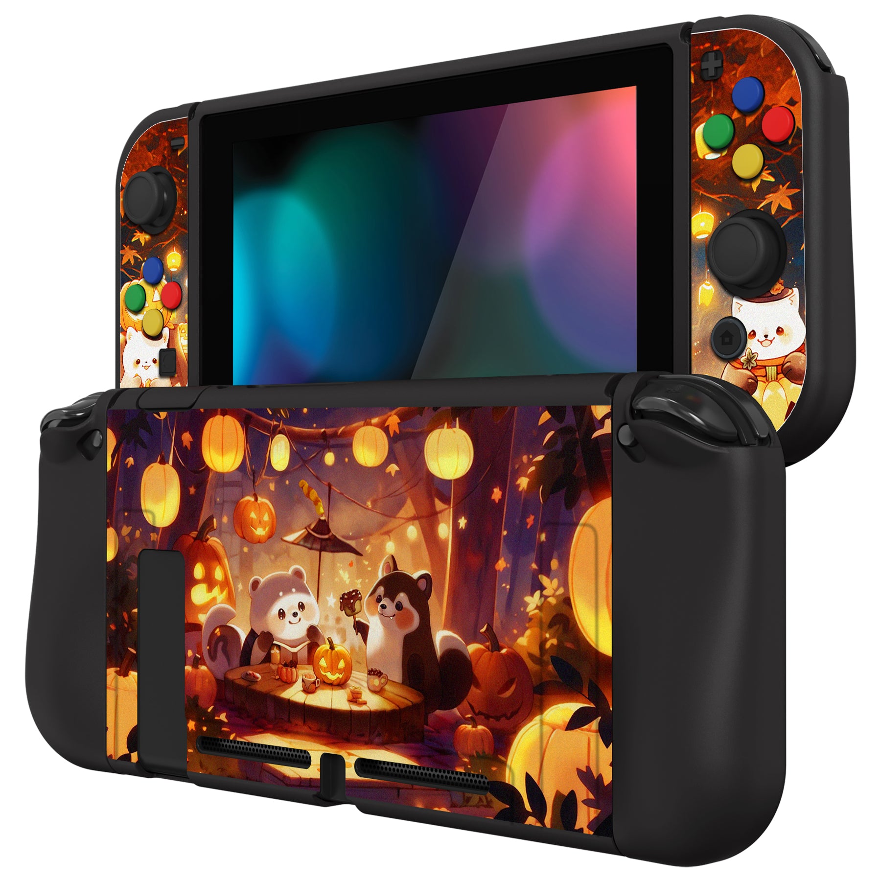 PlayVital ZealProtect Soft Protective Case for Nintendo Switch, Flexible Cover for Switch with Tempered Glass Screen Protector & Thumb Grips & ABXY Direction Button Caps - Halloween Pumpkin Fest - RNSYV6051 playvital