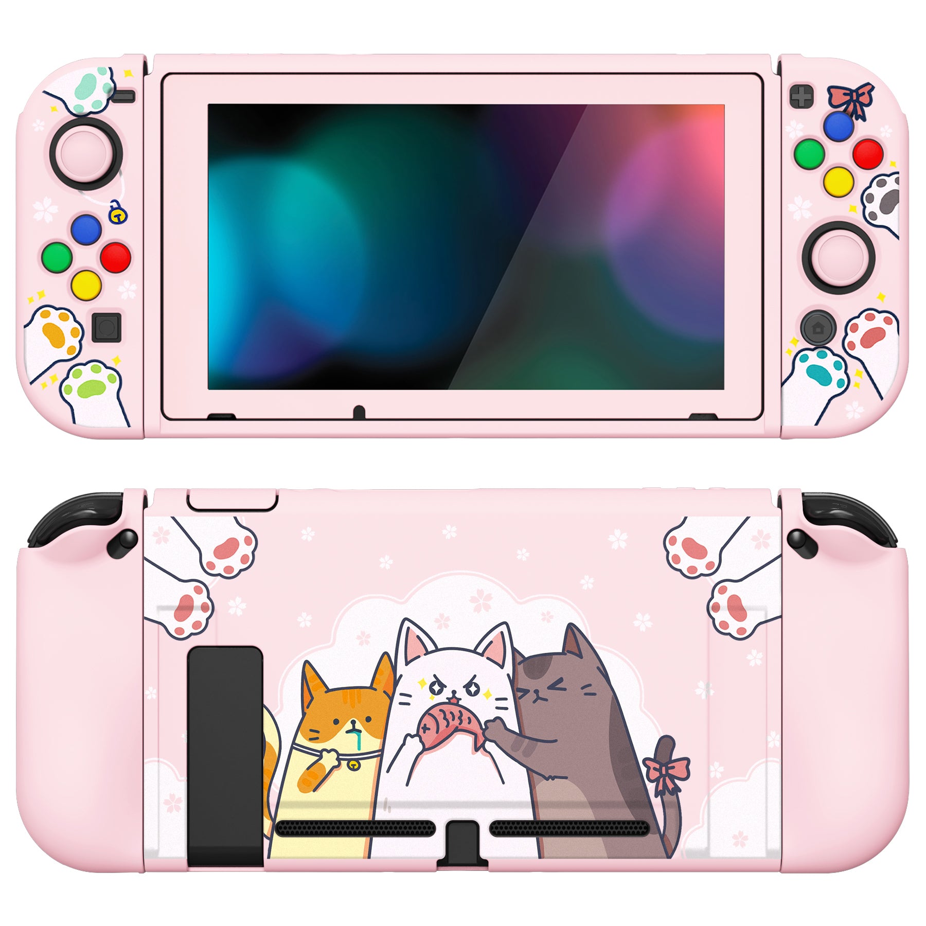 PlayVital ZealProtect Soft Protective Case for Nintendo Switch, Flexible Cover for Switch with Tempered Glass Screen Protector & Thumb Grips & ABXY Direction Button Caps - Hungry Kitties - RNSYV6044 playvital